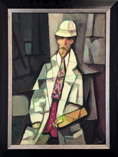 "L'artista cubista" Quadro moderno con ritratto maschile seduto in tonalità marrone e verde