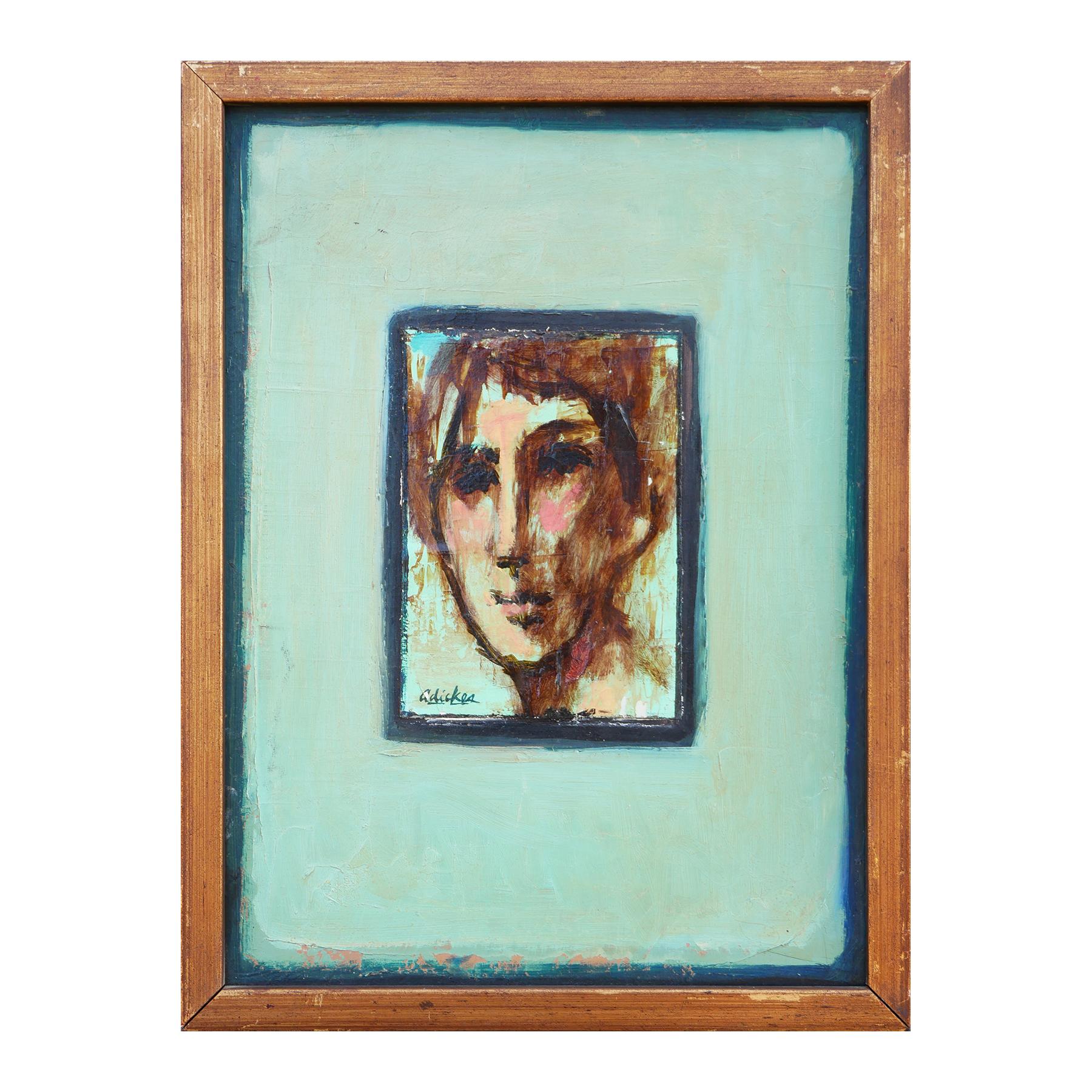 Modern abstract figurative portrait painting by Houston, TX artist David Adickes. The work features a central close up of a figure set against a light blue background and a painted teal border. Signed by artist in front left corner. Currently hung a