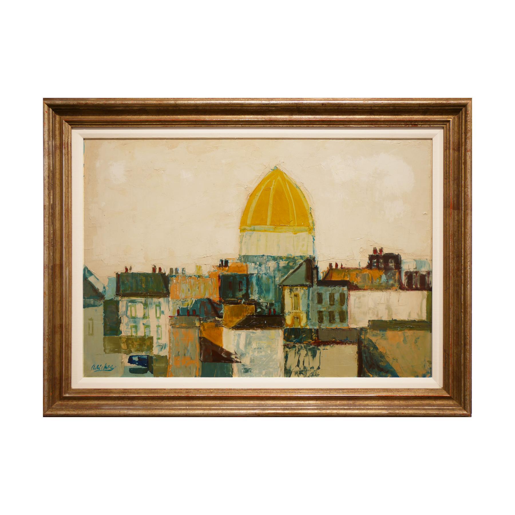 Modernes abstraktes, gelb-braun getöntes italienisches Landschaftsgemälde „Die goldene Kuppel“  – Painting von David Adickes