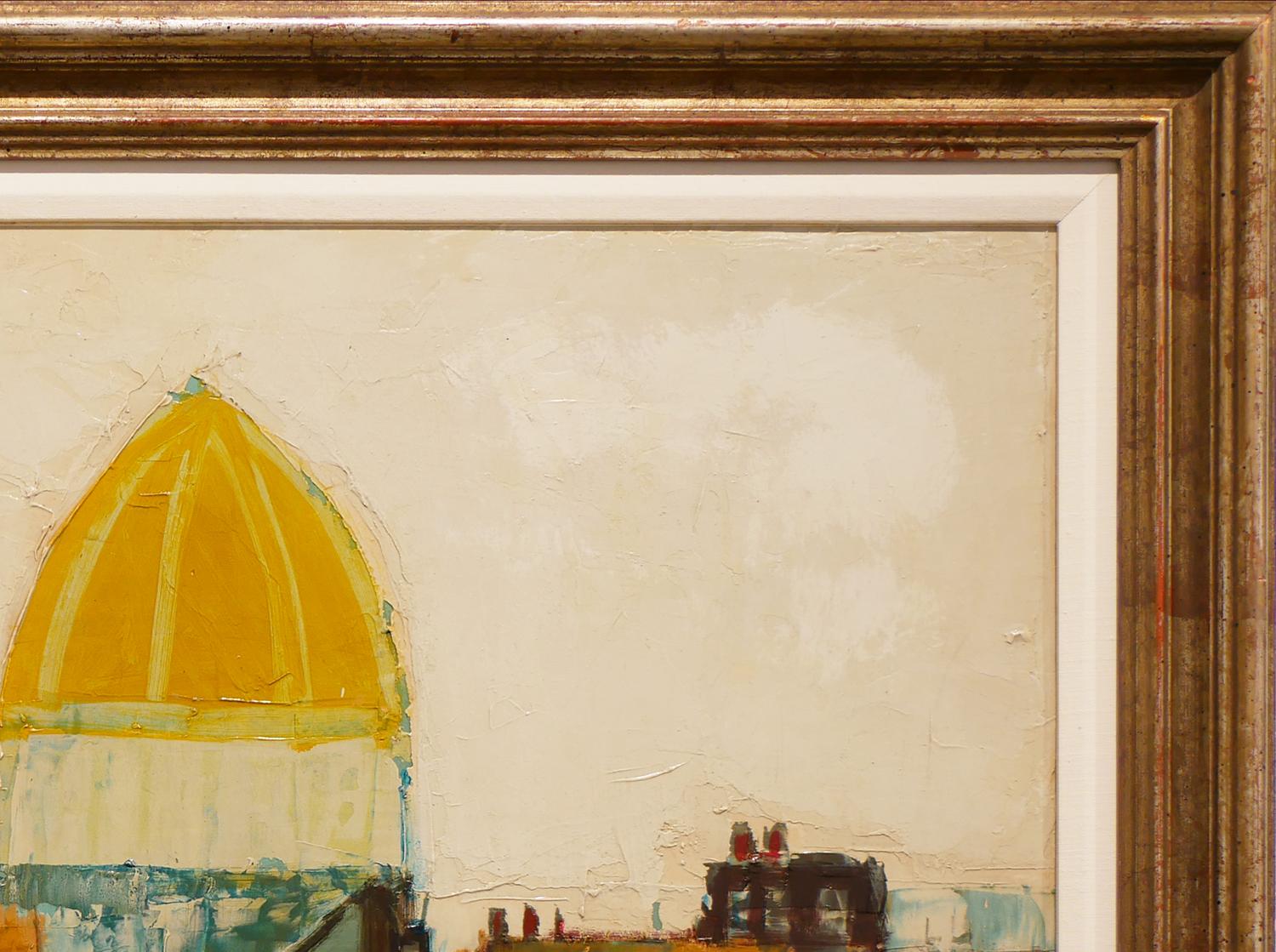Modernes abstraktes, gelb-braun getöntes italienisches Landschaftsgemälde „Die goldene Kuppel“  im Angebot 1