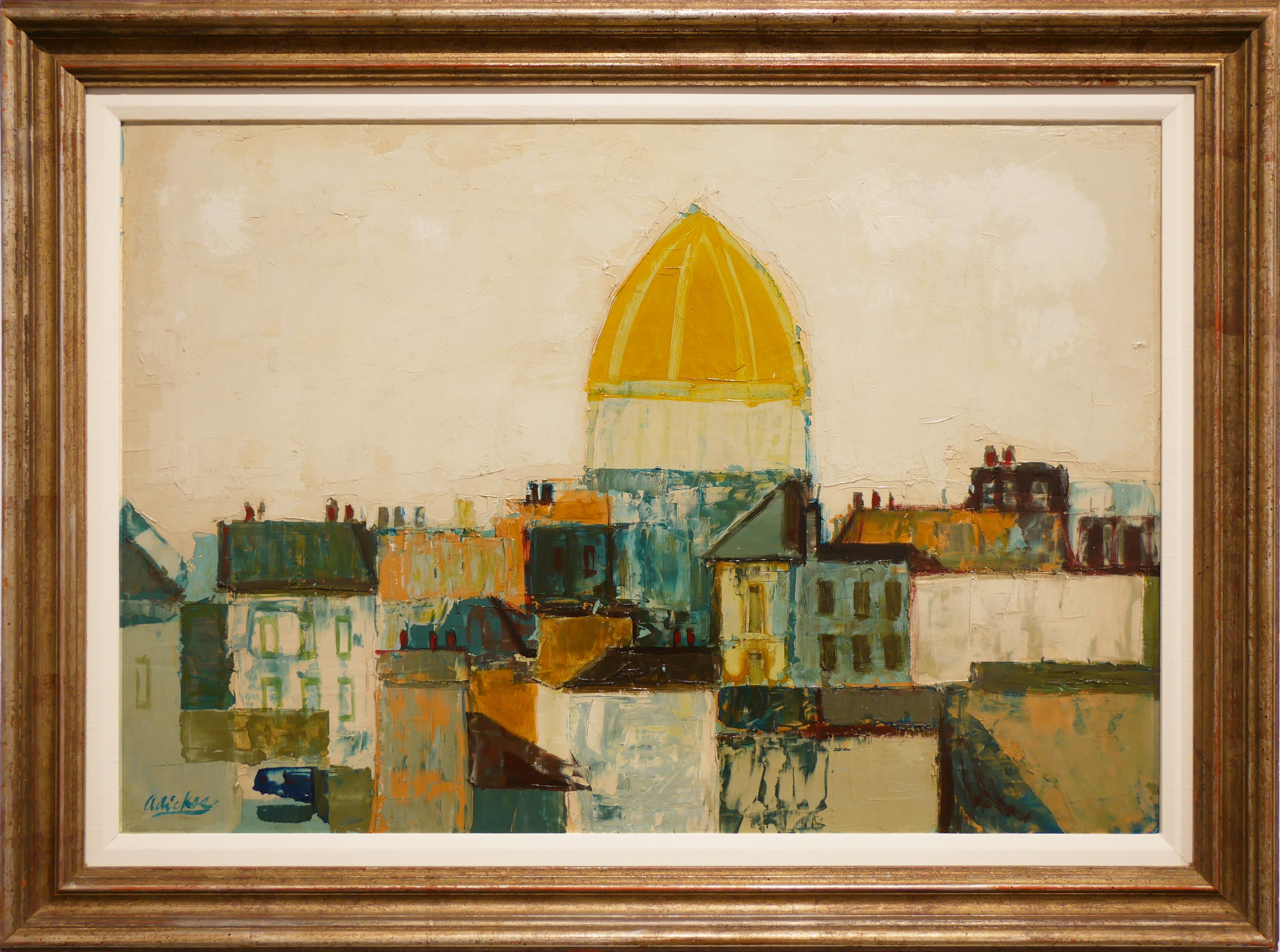 David Adickes Abstract Painting – Modernes abstraktes, gelb-braun getöntes italienisches Landschaftsgemälde „Die goldene Kuppel“ 