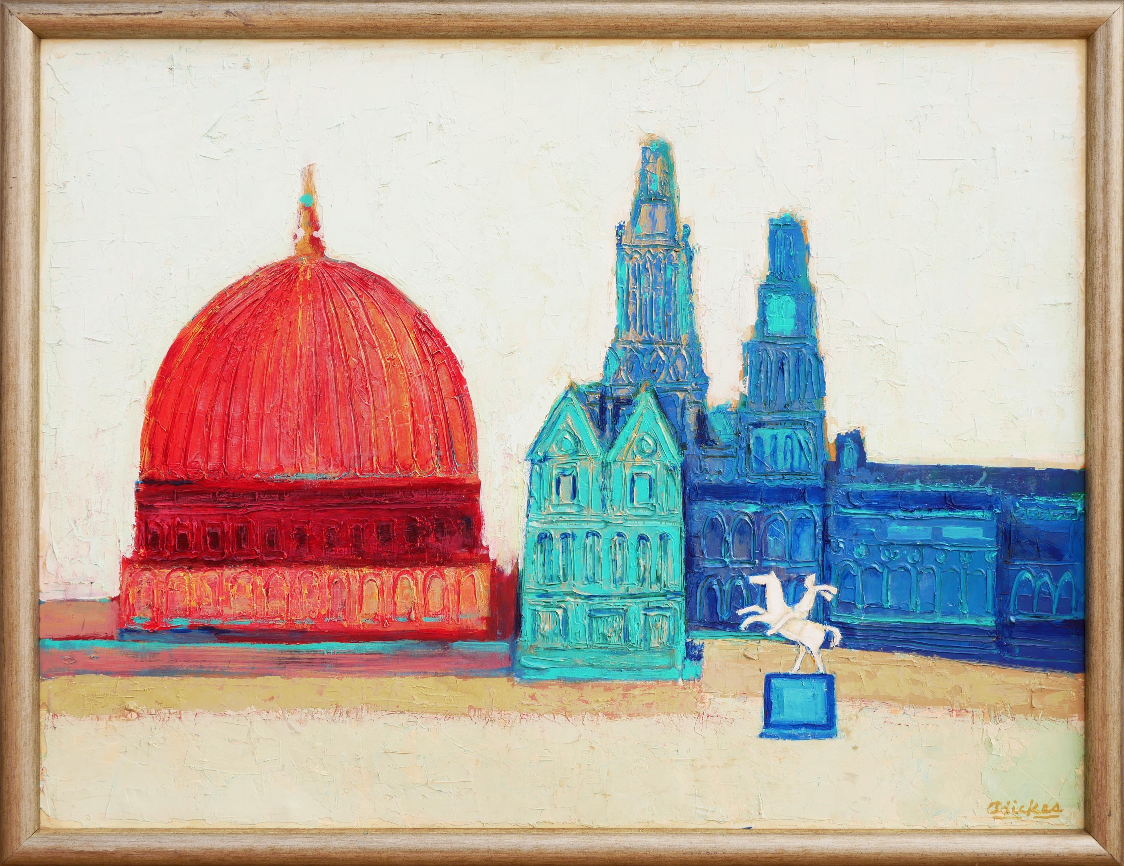 "The Red Dome" Modern Abstract Red and Blue Toned Italian Landscape Painting 