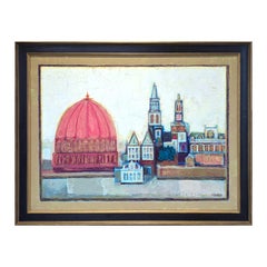 "The Red Dome with Tan Border" Modern Abstract Cubist Inspired City Landscape