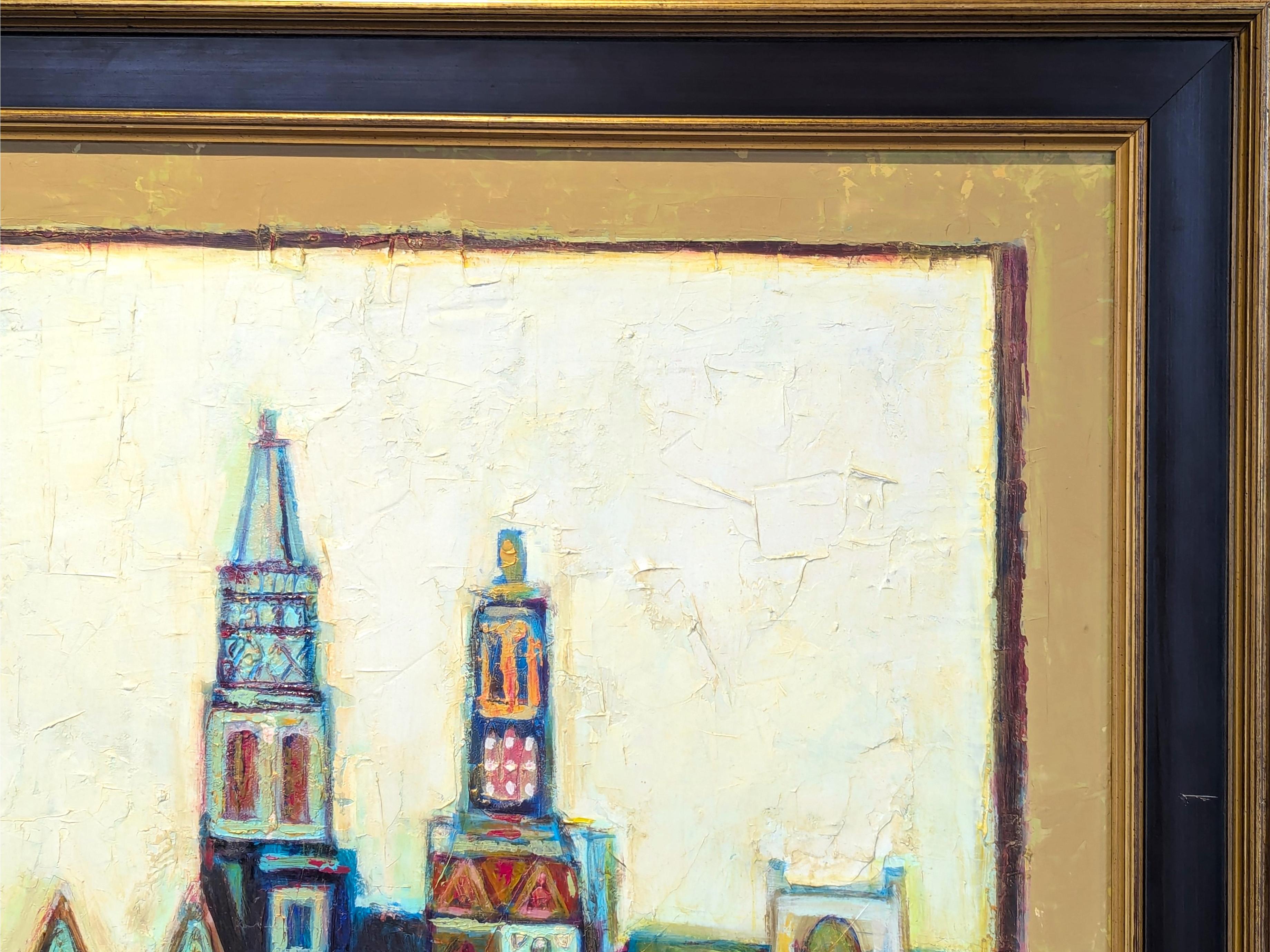 Paisaje urbano moderno pintado por el artista David Adickes, icono de Houston. La obra muestra el edificio con cúpula roja titular frente a otros edificios de estilo europeo.  Firmado en la esquina inferior derecha de la parte delantera. Actualmente
