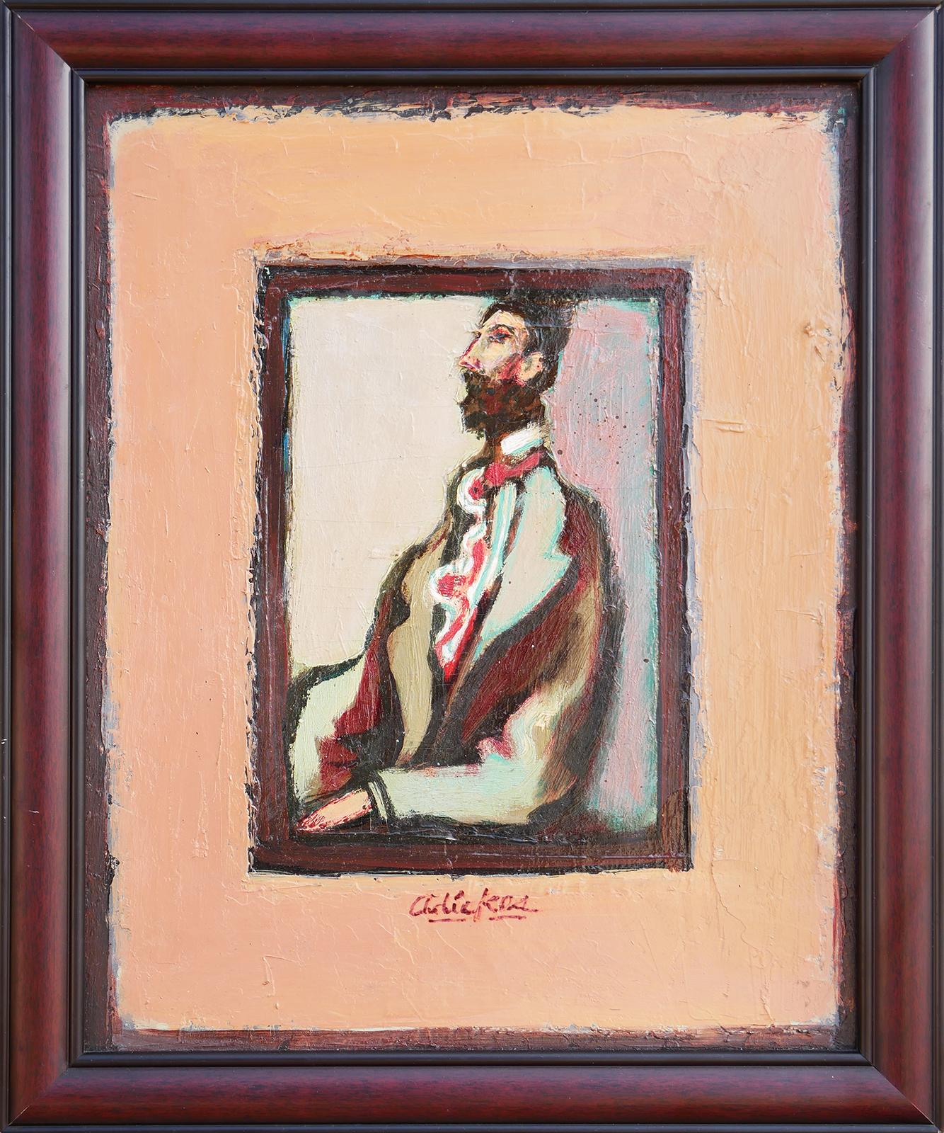 Moderne abstrakte figurative Porträtmalerei des Künstlers David Adickes aus Houston, TX. Das Werk zeigt in der Mitte eine bärtige männliche Figur, die vor einem hellen Hintergrund und einem gemalten hellbraunen Rand sitzt. Signiert vom Künstler am
