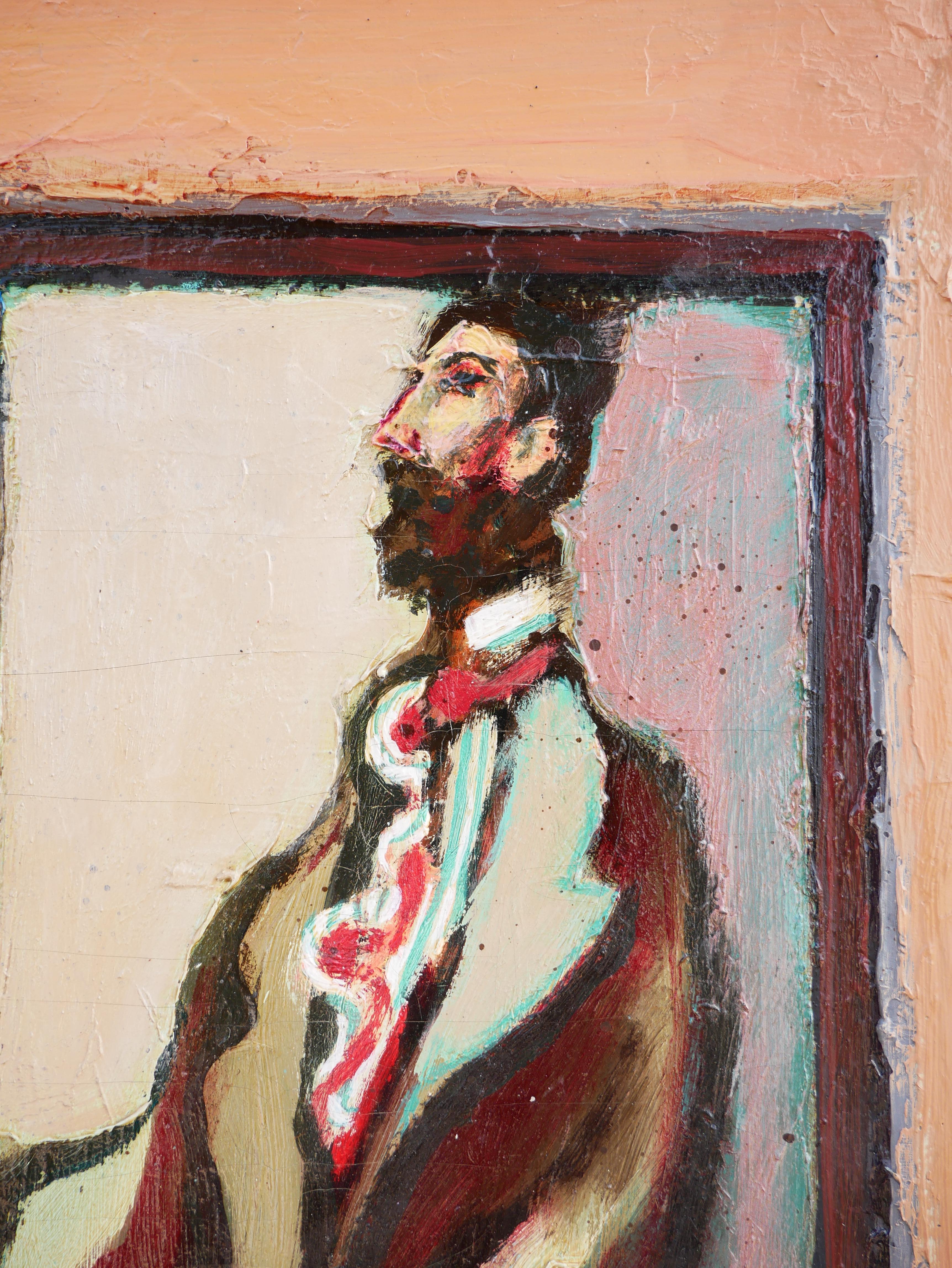 Modernes abstraktes, figuratives Porträtgemälde eines sitzenden Mannes, „The Visitor“ im Angebot 1