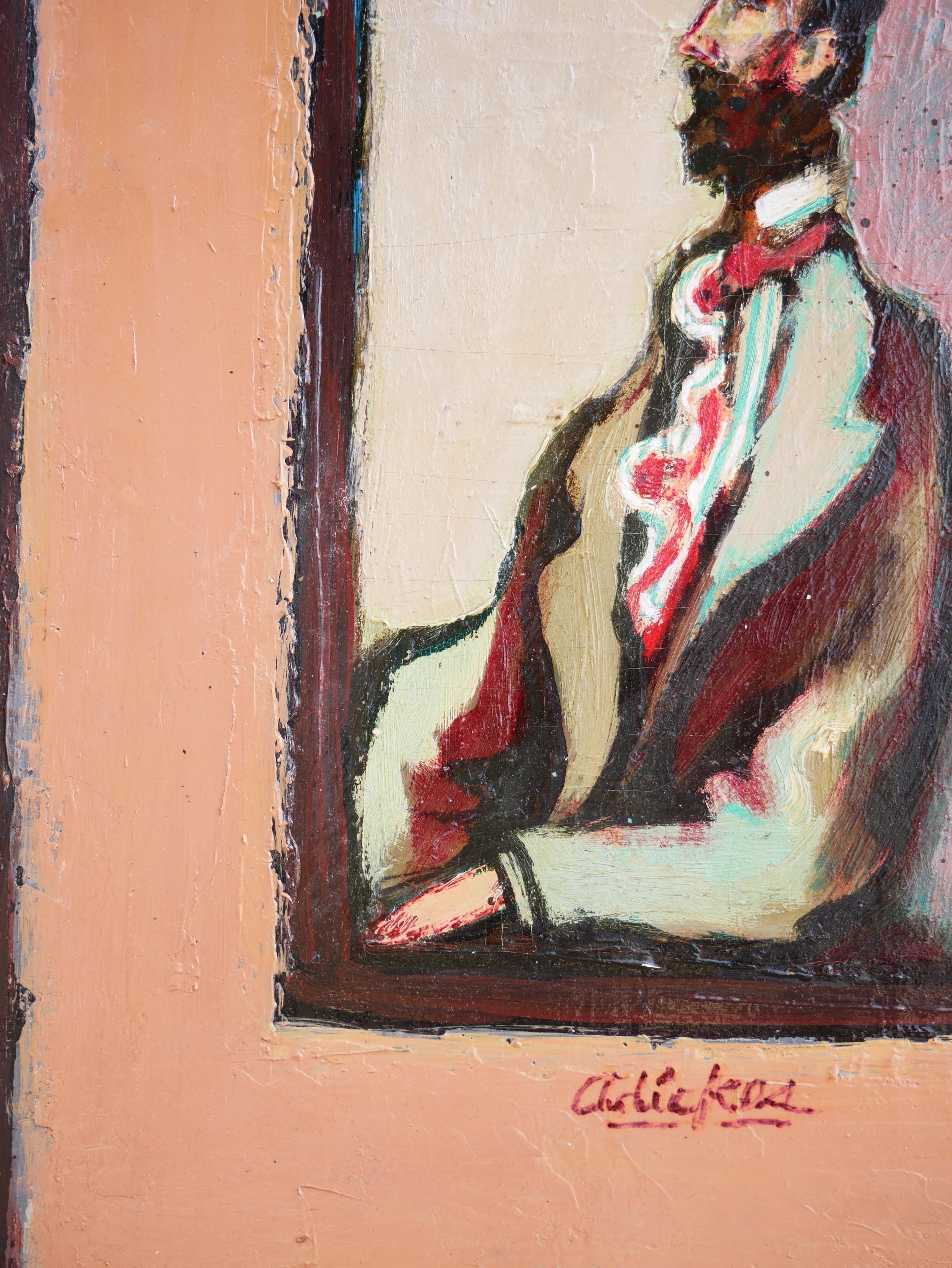 Modernes abstraktes, figuratives Porträtgemälde eines sitzenden Mannes, „The Visitor“ im Angebot 2