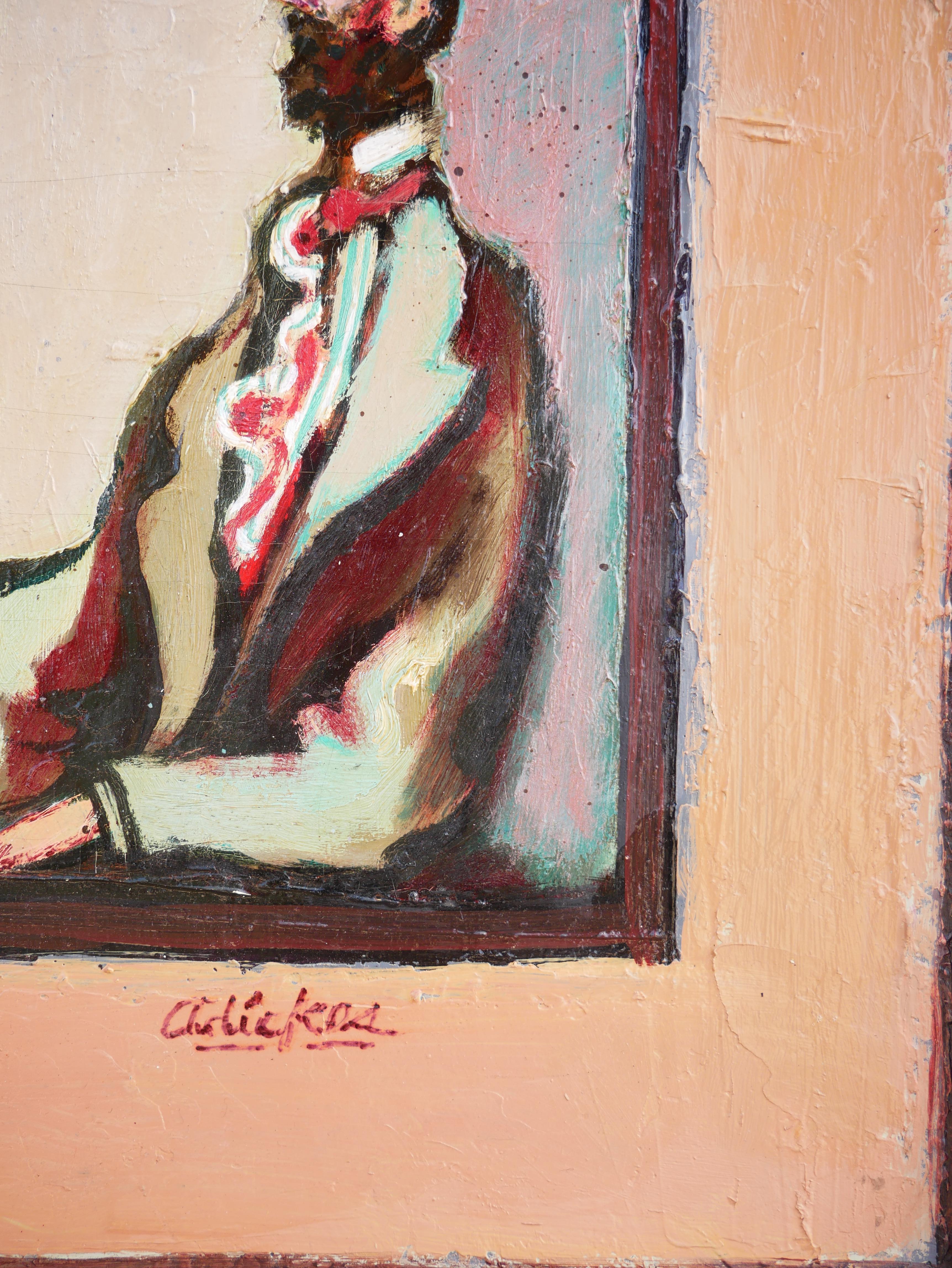 Modernes abstraktes, figuratives Porträtgemälde eines sitzenden Mannes, „The Visitor“ im Angebot 3