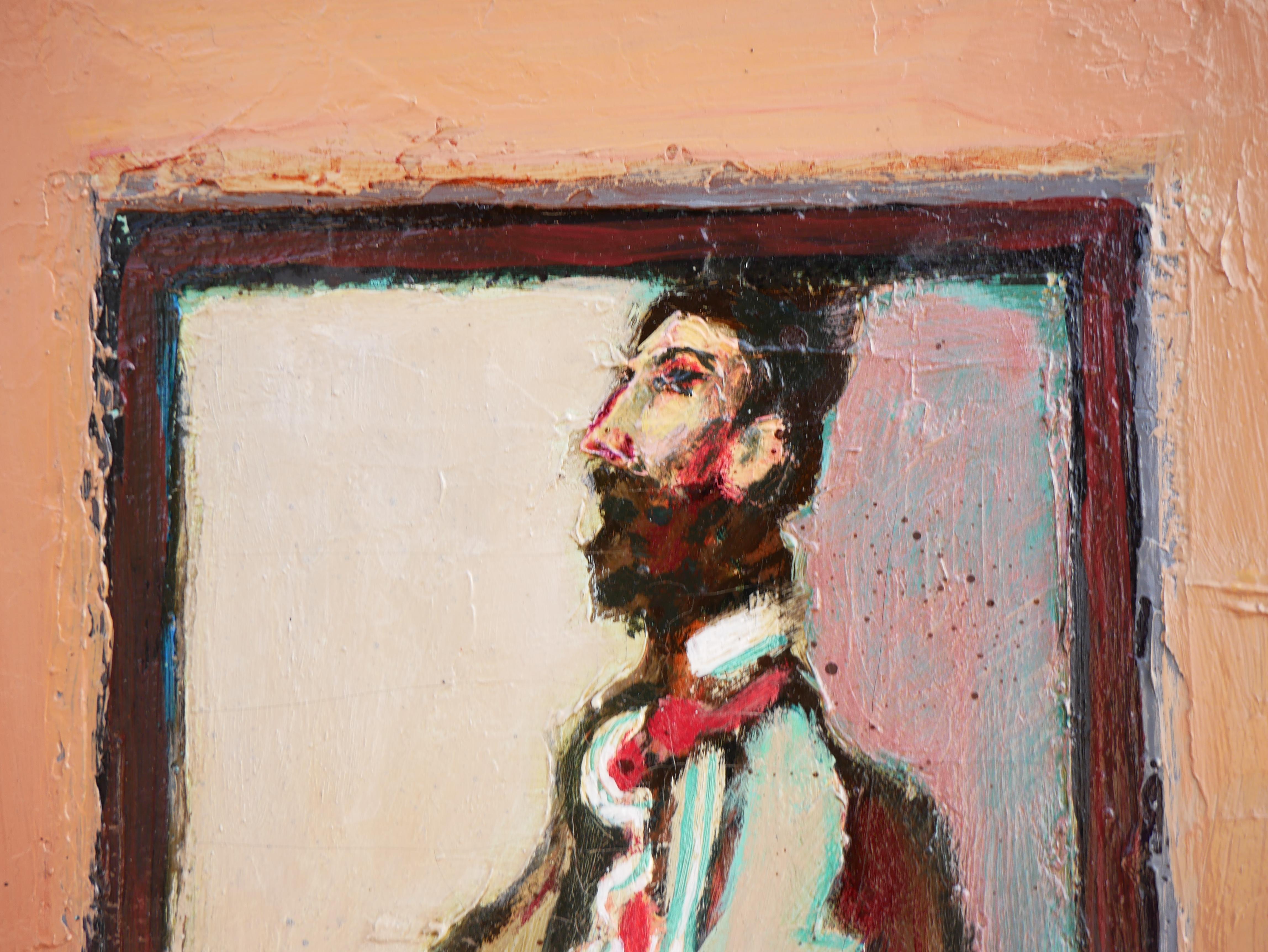 Modernes abstraktes, figuratives Porträtgemälde eines sitzenden Mannes, „The Visitor“ im Angebot 4