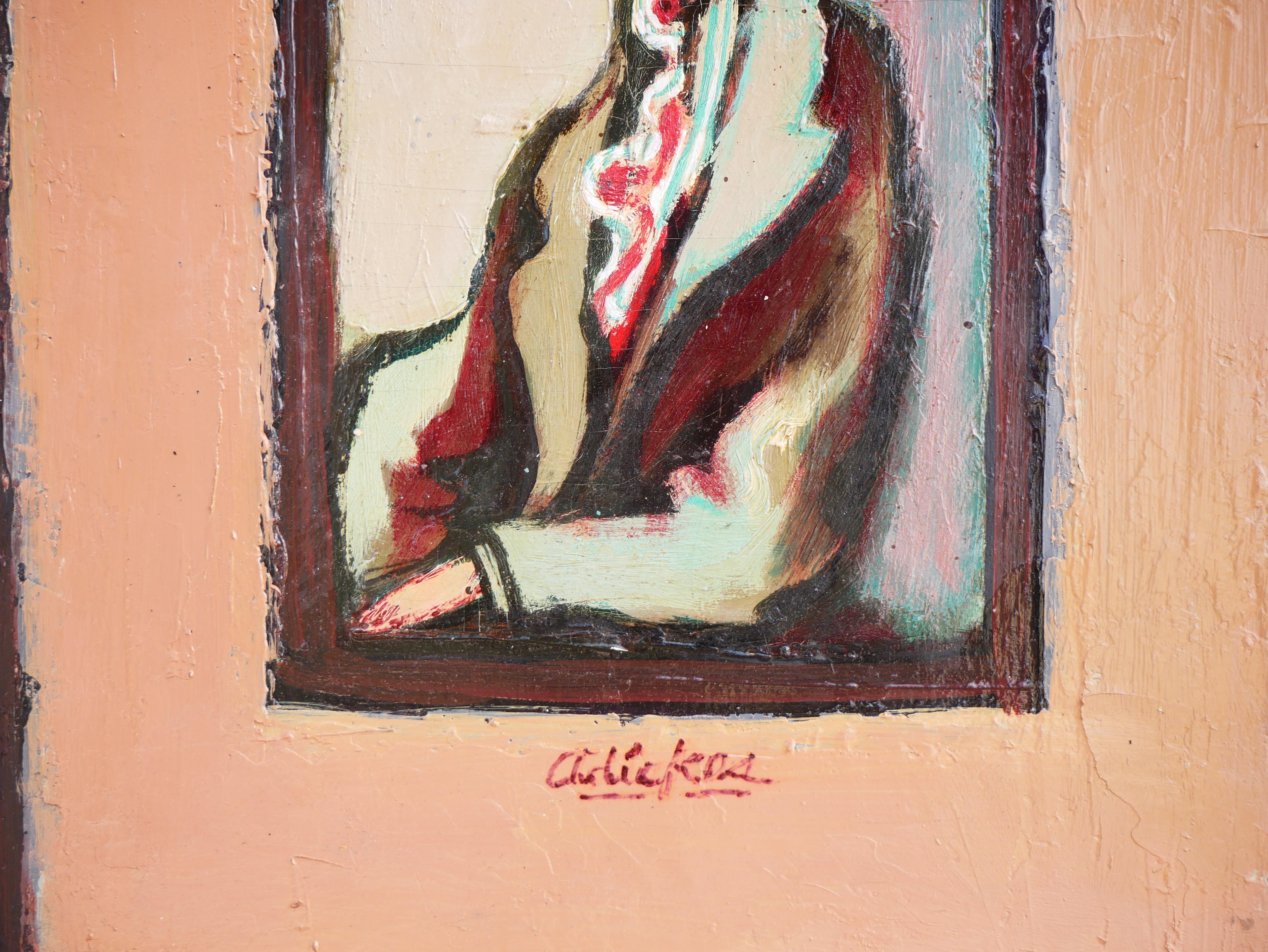 Modernes abstraktes, figuratives Porträtgemälde eines sitzenden Mannes, „The Visitor“ im Angebot 5