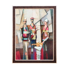 "Three Bird Lovers with Ukulele" Modern Abstract Figurative Portrait Painting