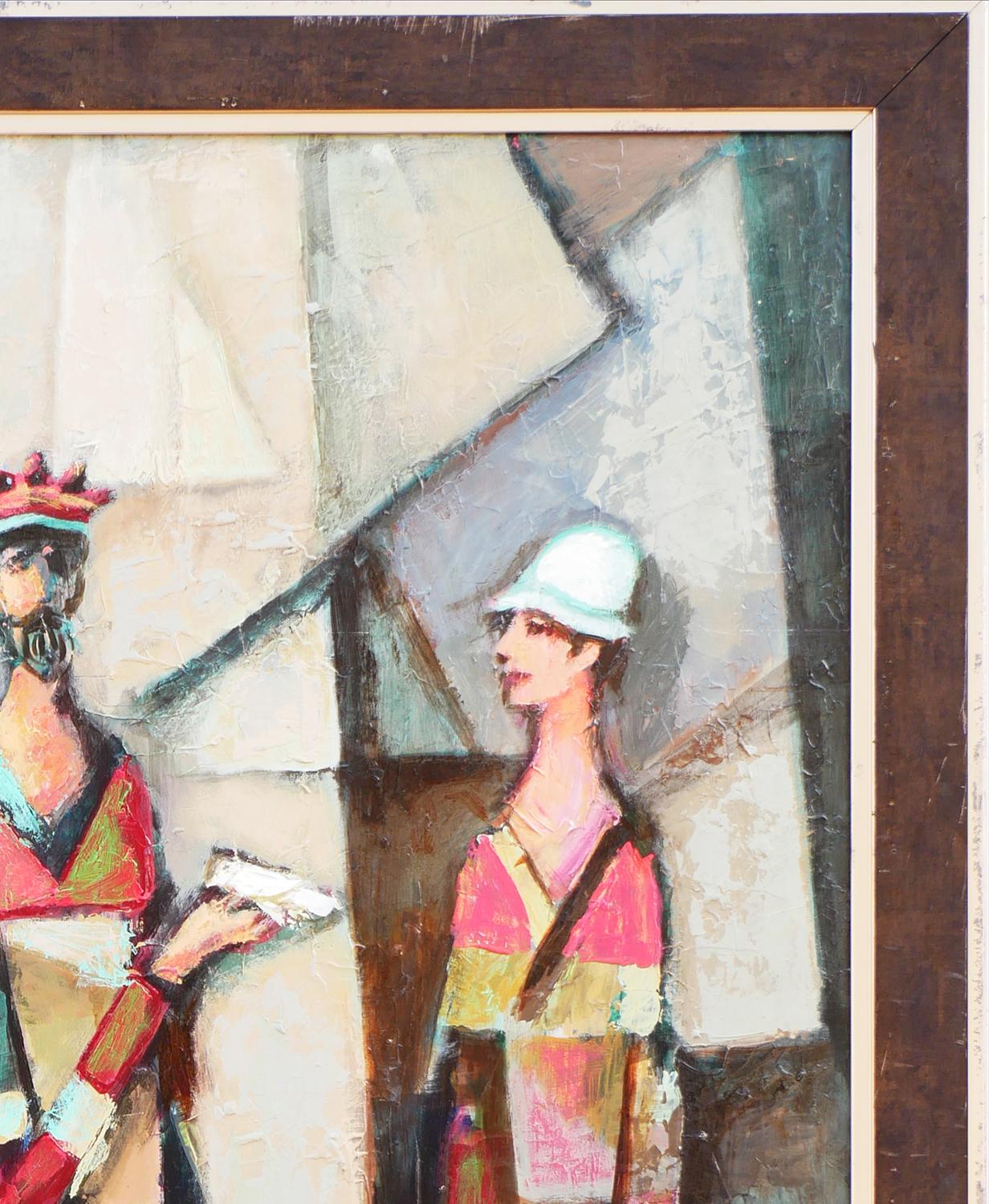 Ritratto di gruppo figurativo astratto moderno dell'artista David Adickes di Houston, TX. L'opera presenta un gruppo centrale di tre figure allungate con uccelli su uno sfondo chiaro di ispirazione cubista. Firmato dall'artista nell'angolo anteriore