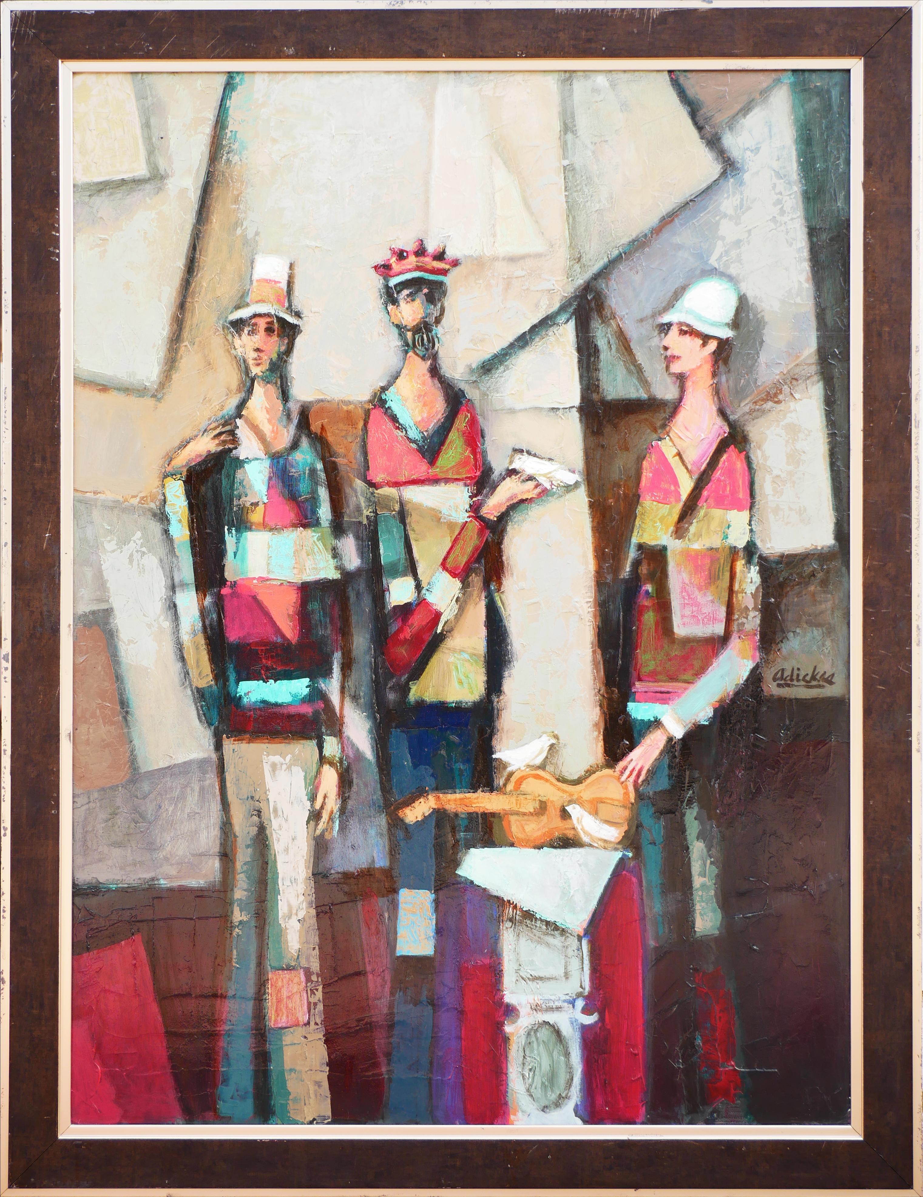 Modern abstract figurative group portrait painting by Houston, TX artist David Adickes. The work features a central grouping of three elongated figures with birds set against a light, Cubist inspired background. Signed by the artist in the front