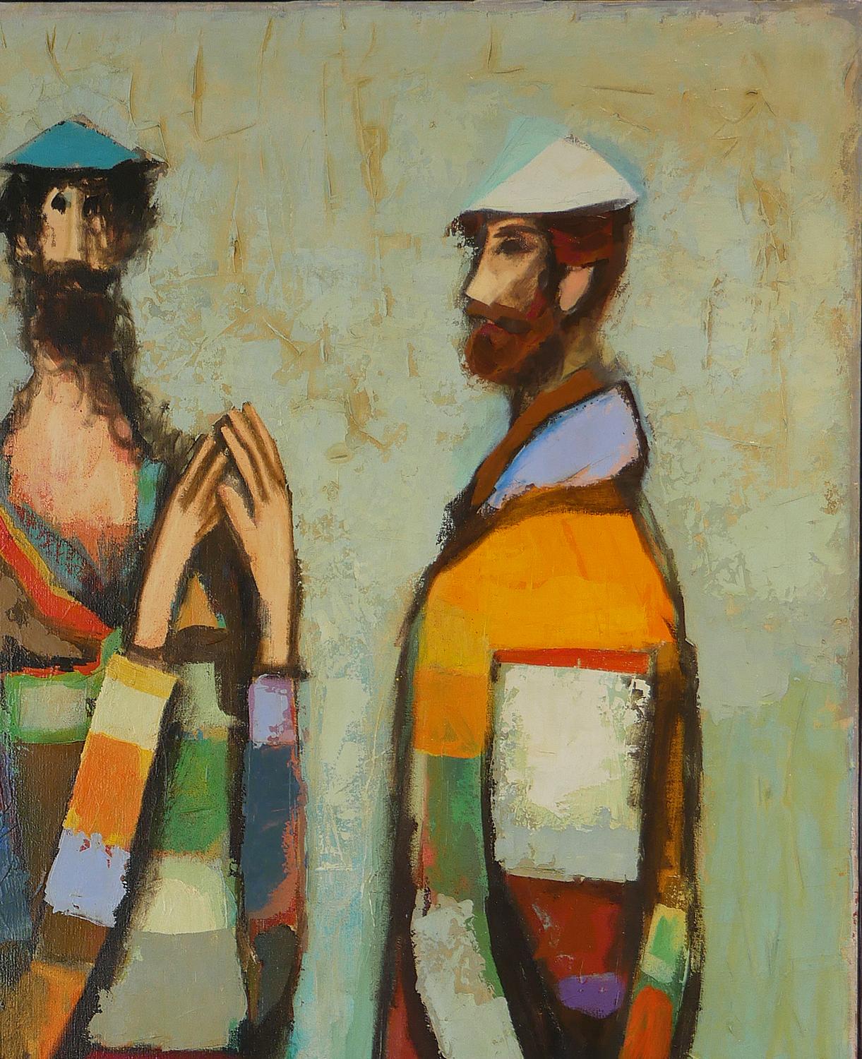Modern abstract figurative portrait painting by Houston, TX artist David Adickes. The work features a central group of three male figures wearing colorful clothes and hats set against a neutral toned background. Signed by the artist in the front