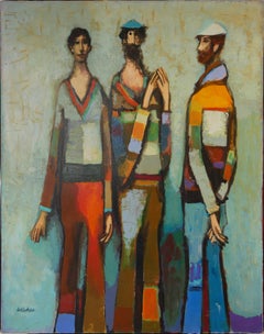 Vintage "Three Guys" Modern Abstract Portrait Painting of Colorfully Dressed Figures