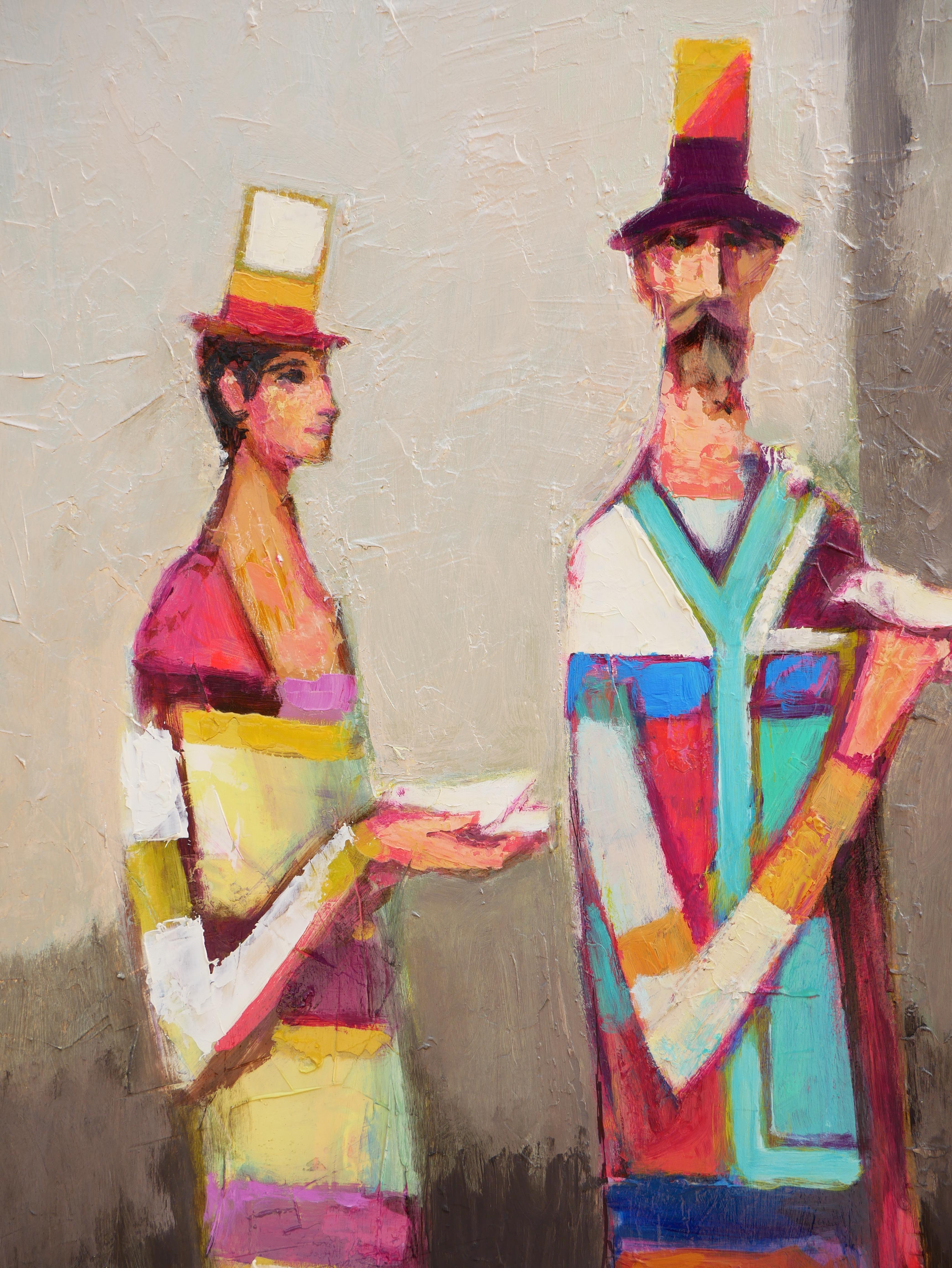 Modern abstract figurative portrait painting by Houston, TX artist David Adickes. The work features a central group of three male figures wearing colorful clothes and hats holding birds set against a neutral toned background. Signed by the artist in