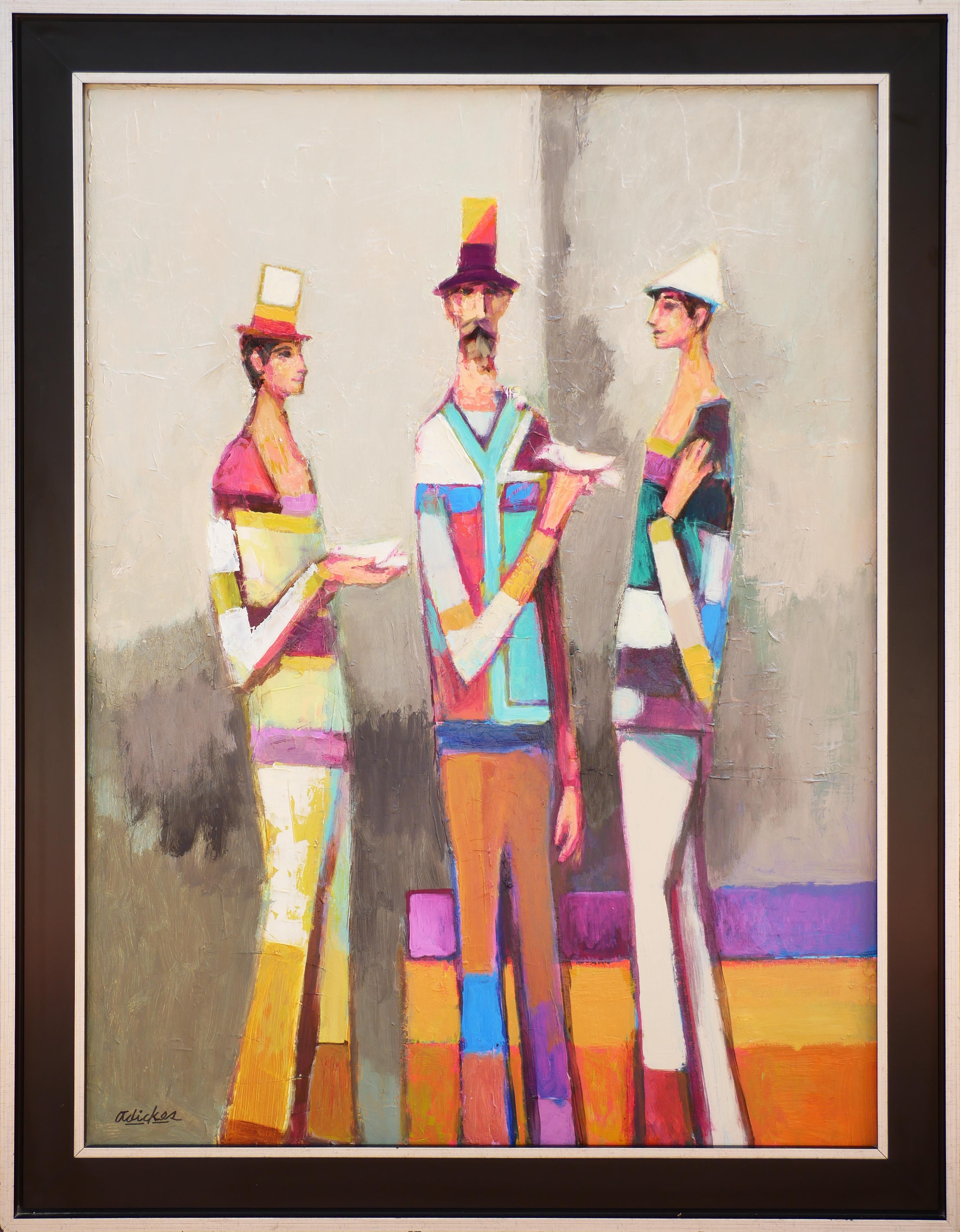 David Adickes Figurative Painting - "Three Guys, Two Birds" Modern Abstract Colorful Figurative Portrait Painting 