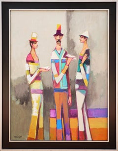 "Three Guys, Two Birds" Modern Abstract Colorful Figurative Portrait Painting 