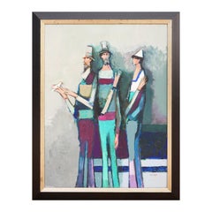 "Three Guys with Bird" Modern Abstract Figurative Group Portrait Painting