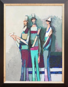 "Three Guys with Bird" Modern Abstract Figurative Group Portrait Painting