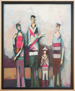 "Three Men & Boy with Bird" Modern Abstract Figurative Group Portrait Painting