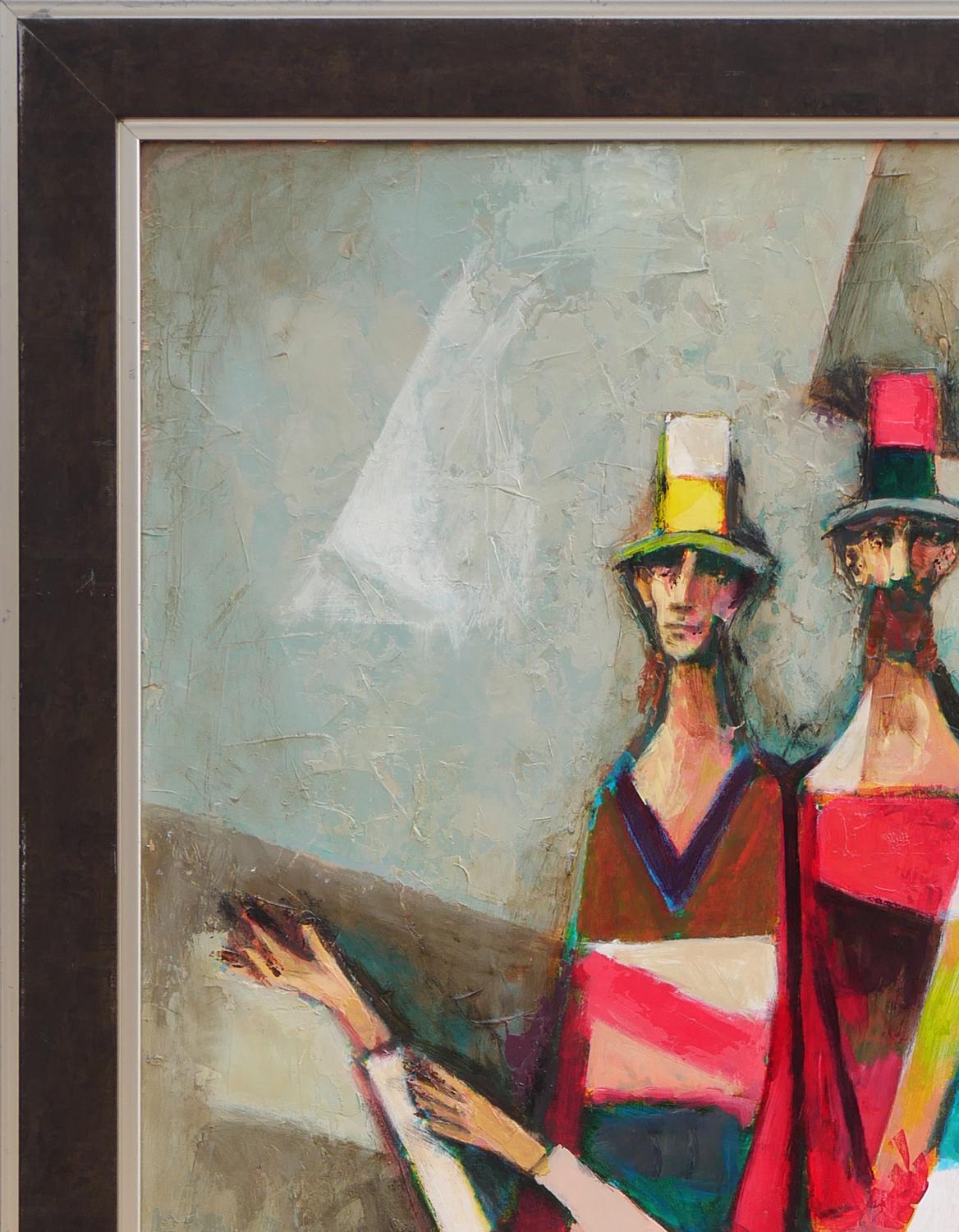 Modern abstract figurative portrait painting by Houston, TX artist David Adickes. The work features a central group of three male figures wearing colorful clothes and hats set against a neutral grey toned Cubist inspired background. Signed by the