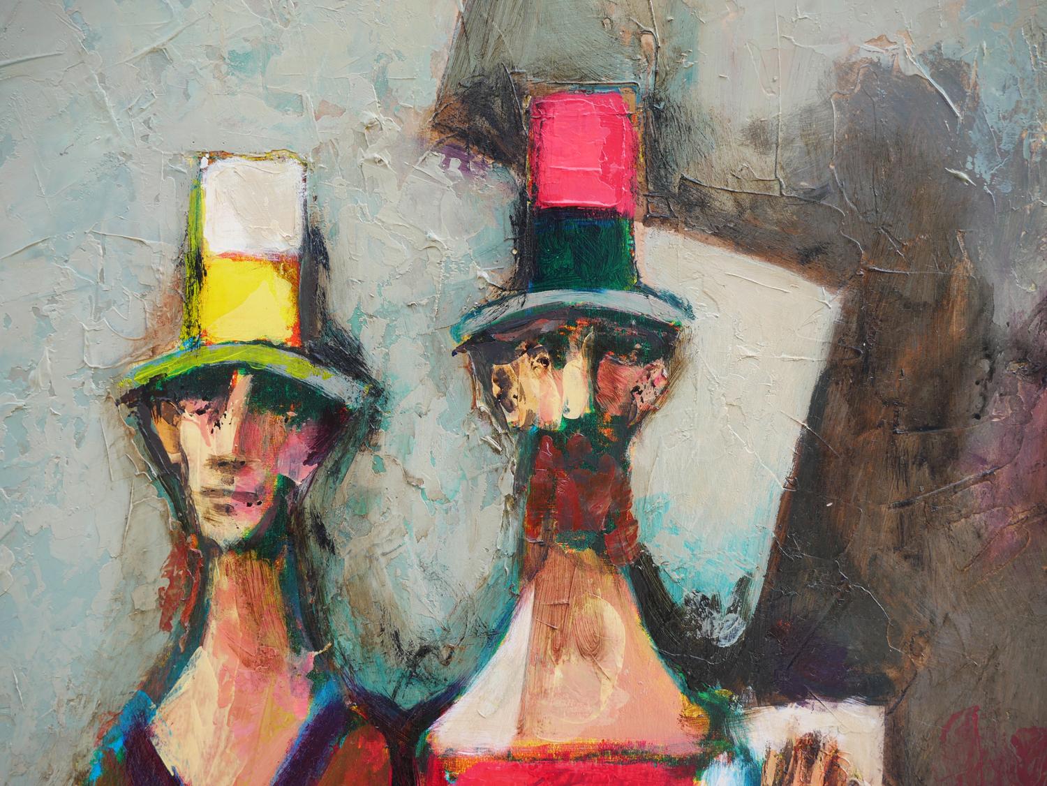 „Drei Männer mit Hüten, Kubismus“ Modernes abstraktes, farbenfrohes, figuratives Gemälde  6