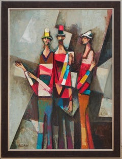"Three Men with Hats, Cubist" Modern Abstract Colorful Figurative Painting 