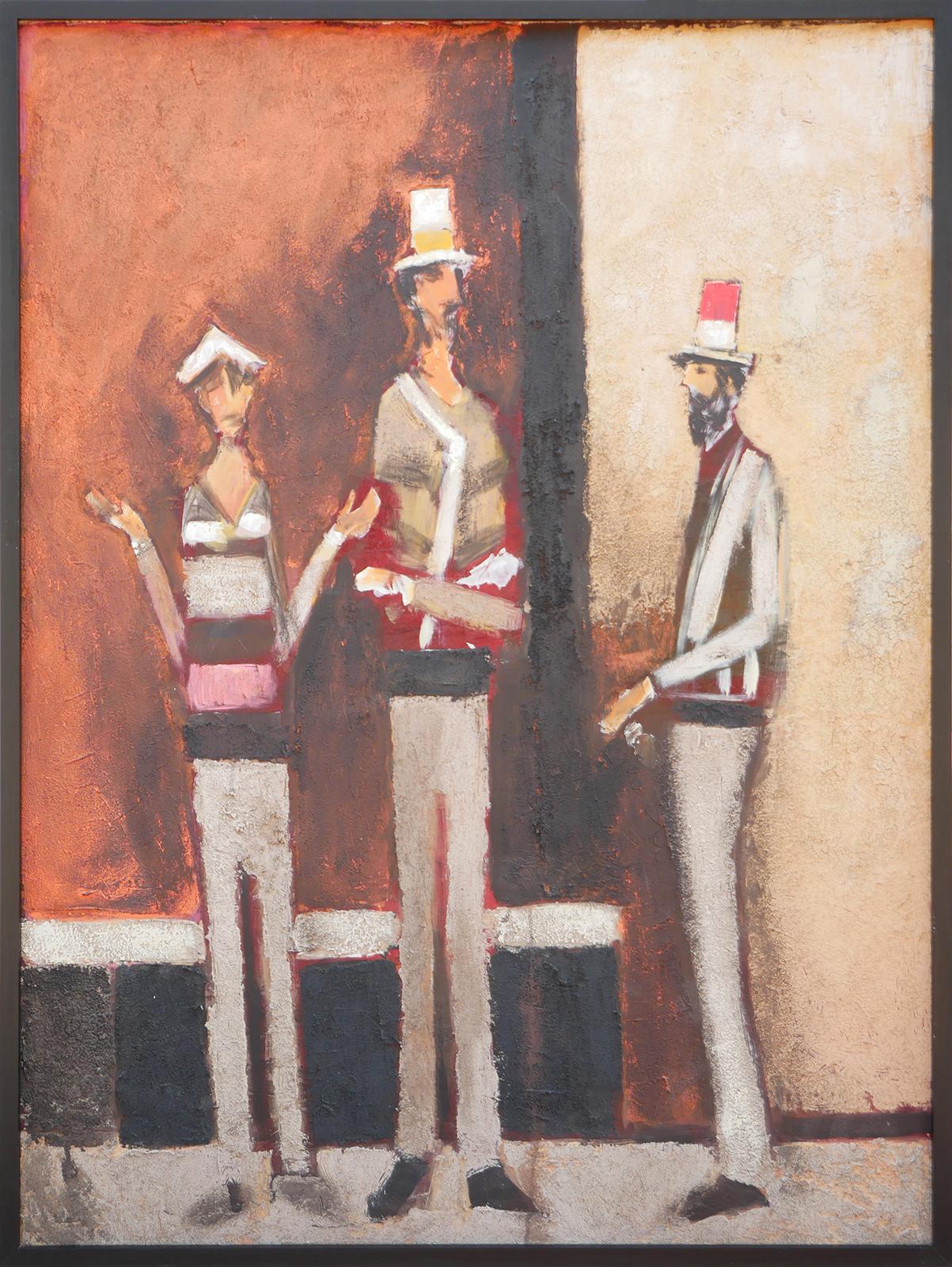 Modern abstract figurative portrait painting by Houston, TX artist David Adickes. The work features a central group of three male figures wearing hats set against a neutral toned background. Currently hung a decorative black frame.

Dimensions