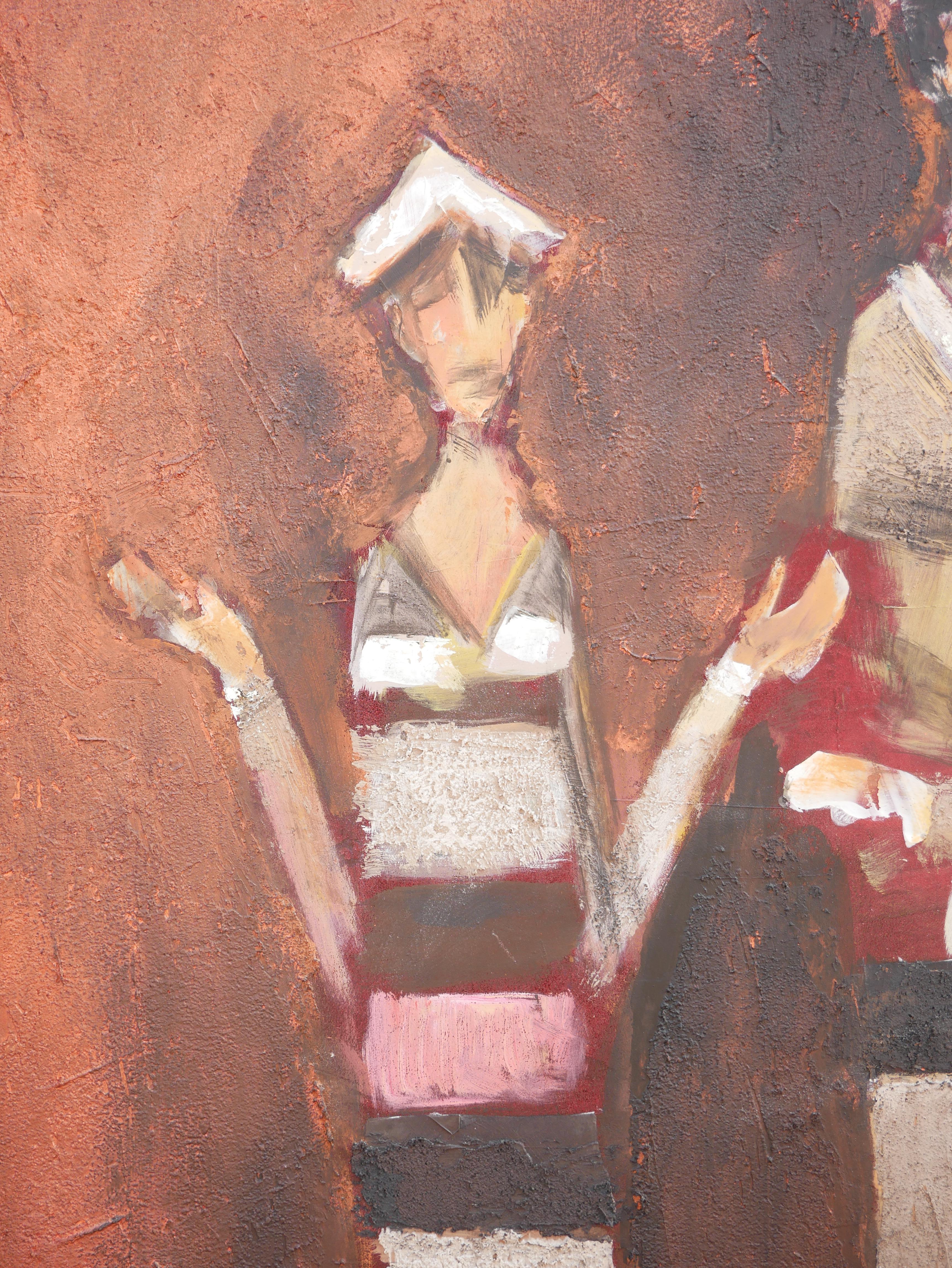 Ritratto figurativo astratto moderno dell'artista David Adickes di Houston, TX. L'opera presenta un gruppo centrale di tre figure maschili che indossano cappelli su uno sfondo dai toni neutri. Attualmente è appeso a una cornice nera