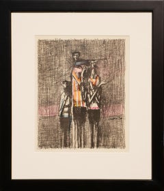 "Trois Hommes" Orange & Brown Modern Abstract Figurative Hand-colored Lithograph