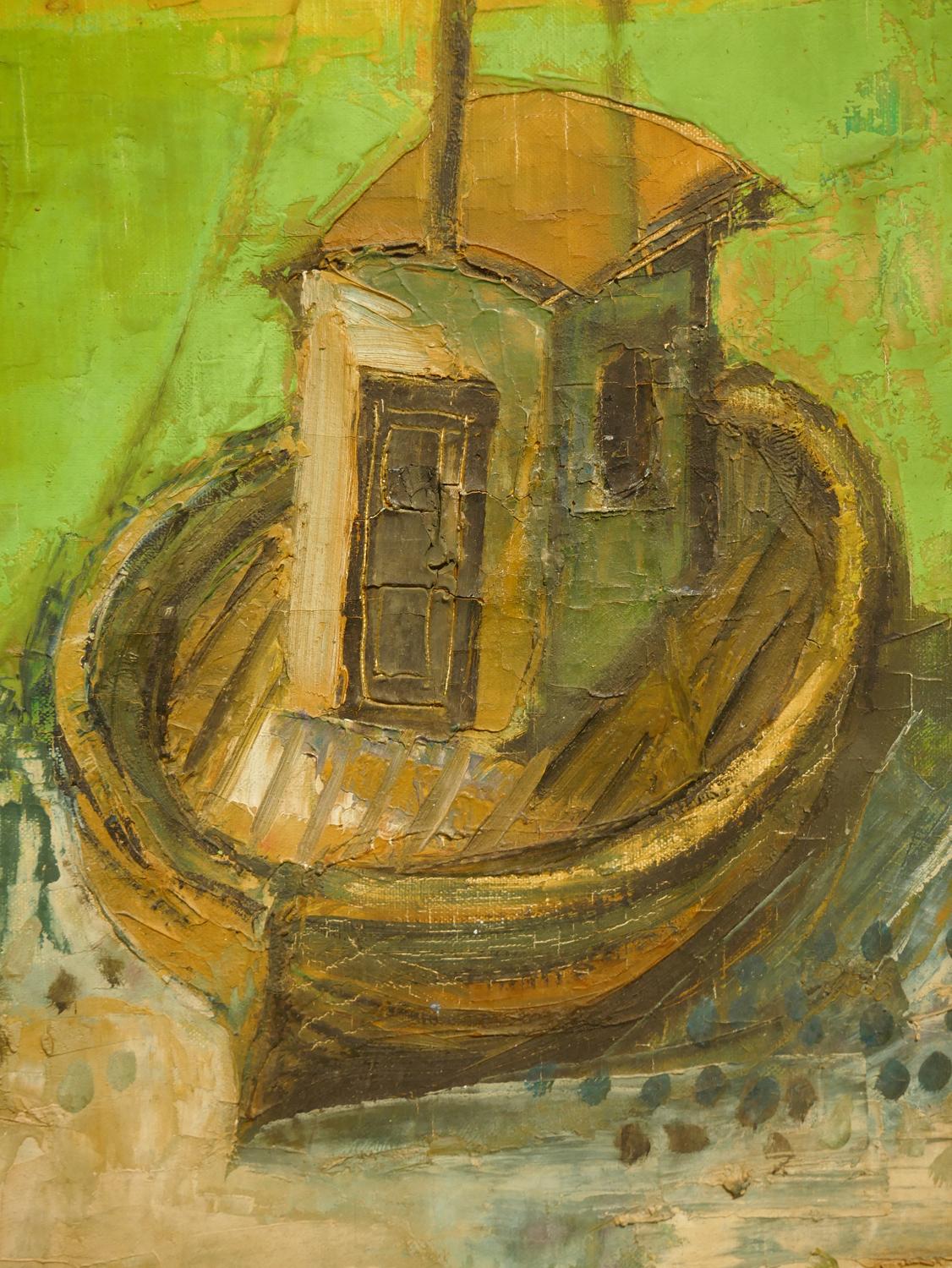 „Zwei Boote auf grünem Meer“ Modernes geometrisches abstraktes Landschaftsgemälde im Angebot 7