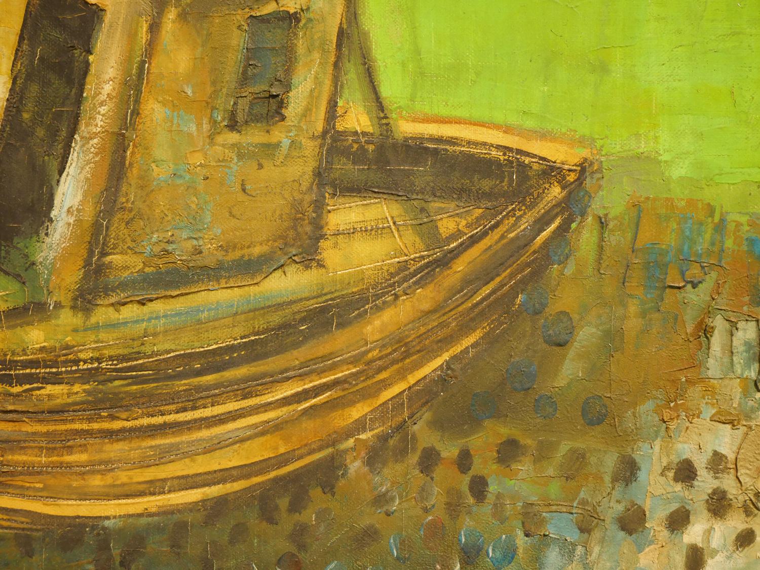 „Zwei Boote auf grünem Meer“ Modernes geometrisches abstraktes Landschaftsgemälde im Angebot 11