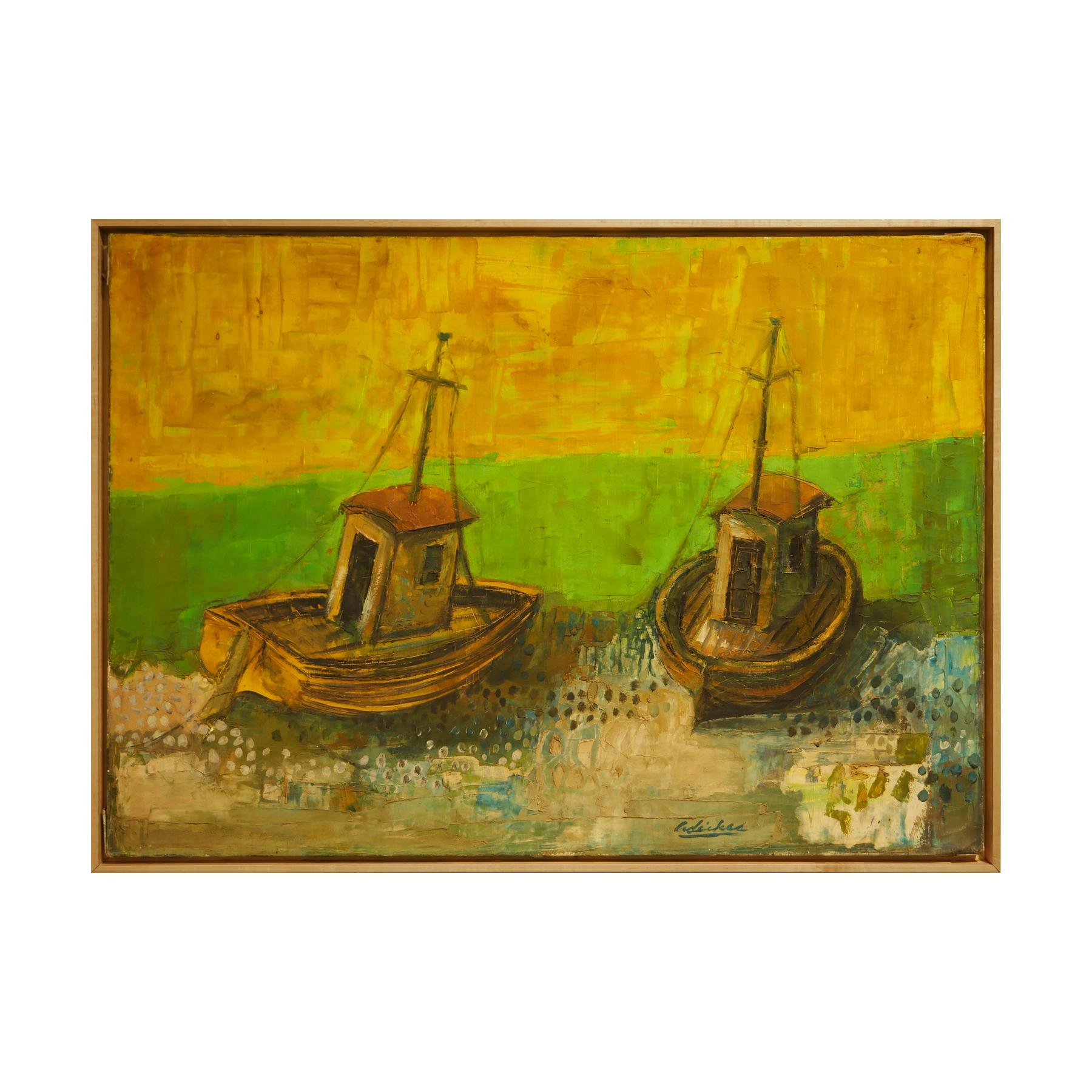 Modern geometric abstract night scene by Houston, TX artist David Adickes. The work features two wooden boats resting along a green shore. Signed by the artist at the bottom right and displayed in a thin floating wooden frame. 

Dimensions WIthout