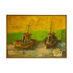 "Deux bateaux sur la mer verte" - Peinture de paysage abstrait géométrique moderne