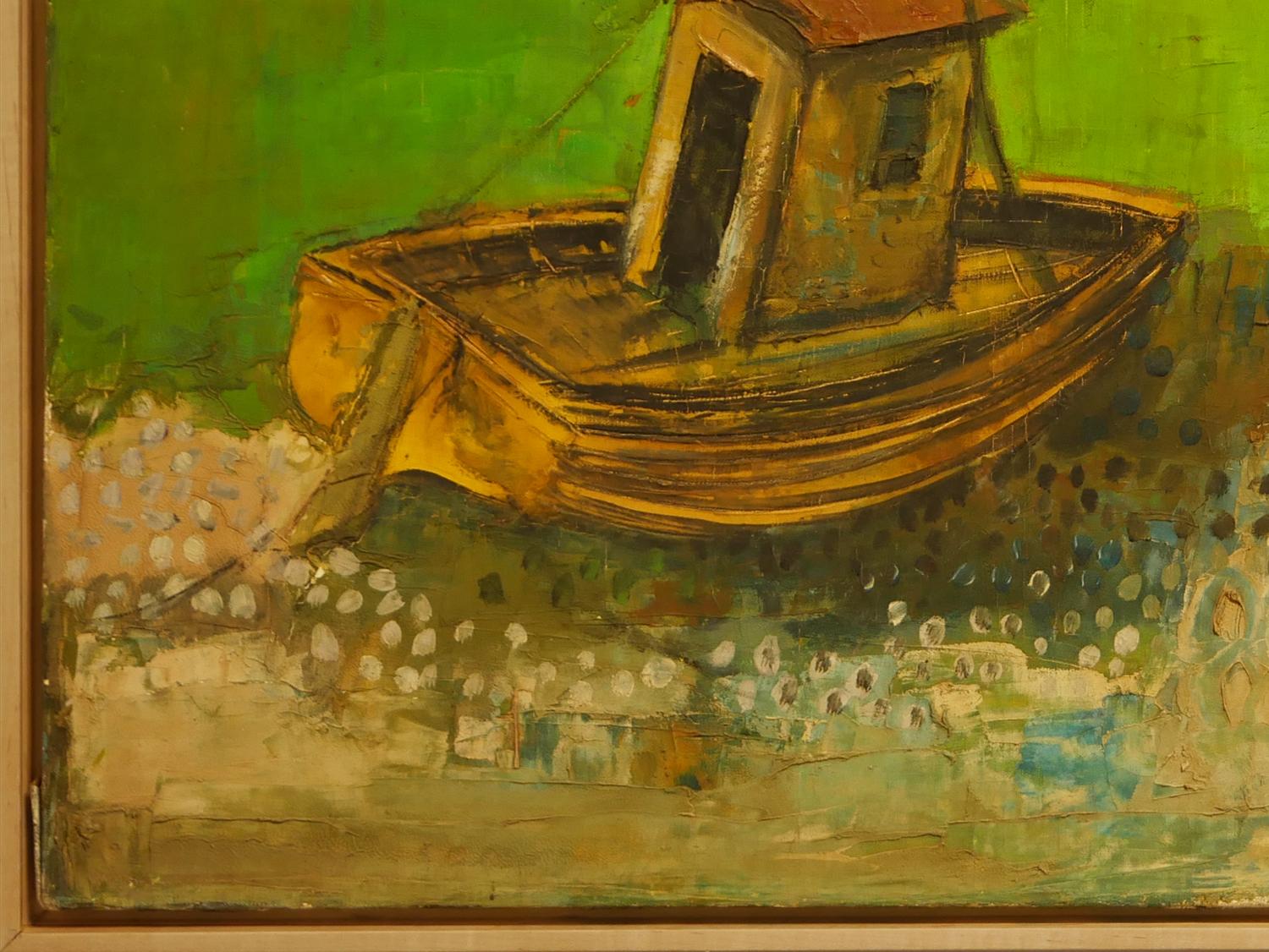 „Zwei Boote auf grünem Meer“ Modernes geometrisches abstraktes Landschaftsgemälde im Angebot 2