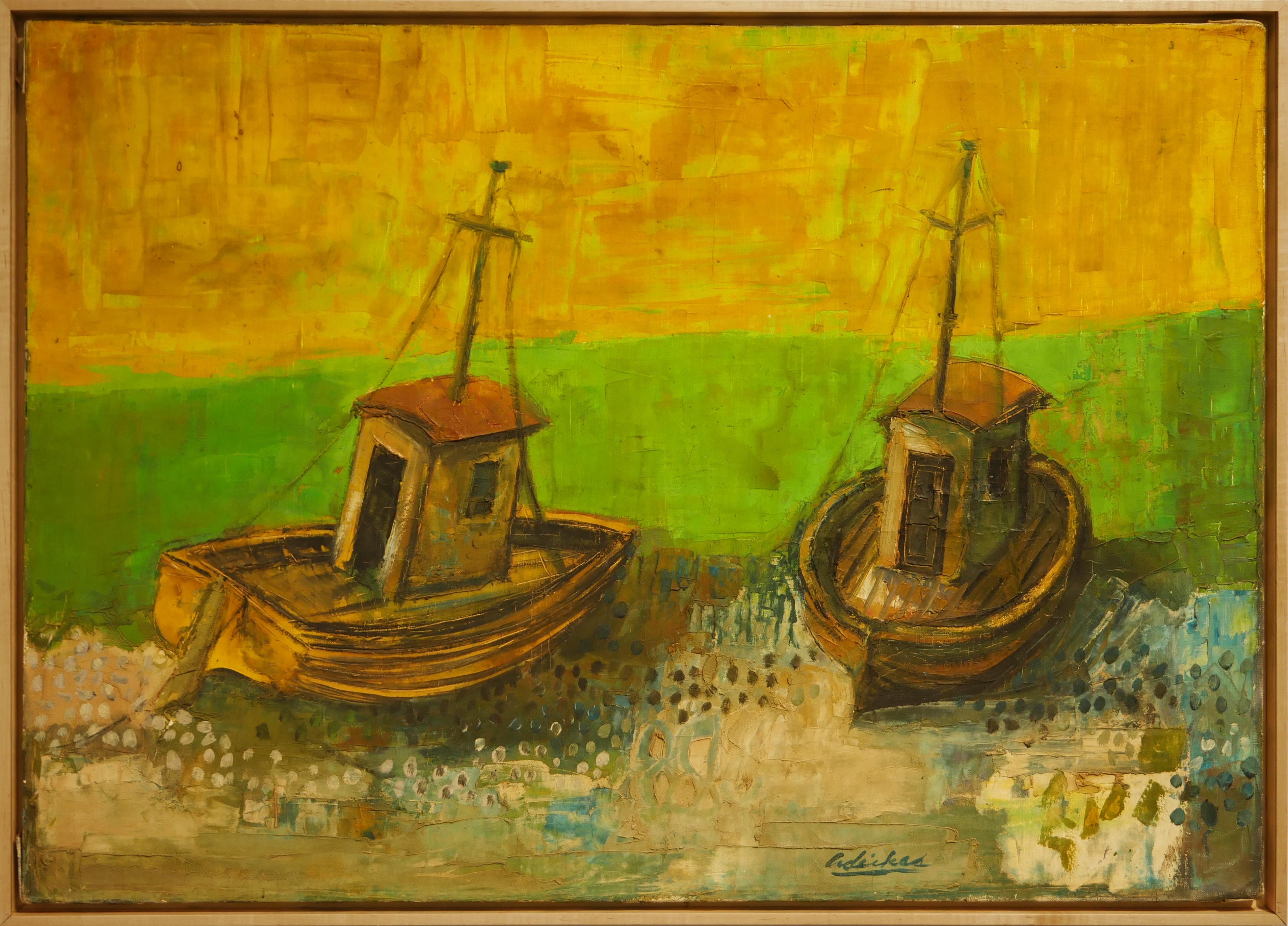 Landscape Painting David Adickes - "Deux bateaux sur la mer verte" - Peinture de paysage abstrait géométrique moderne