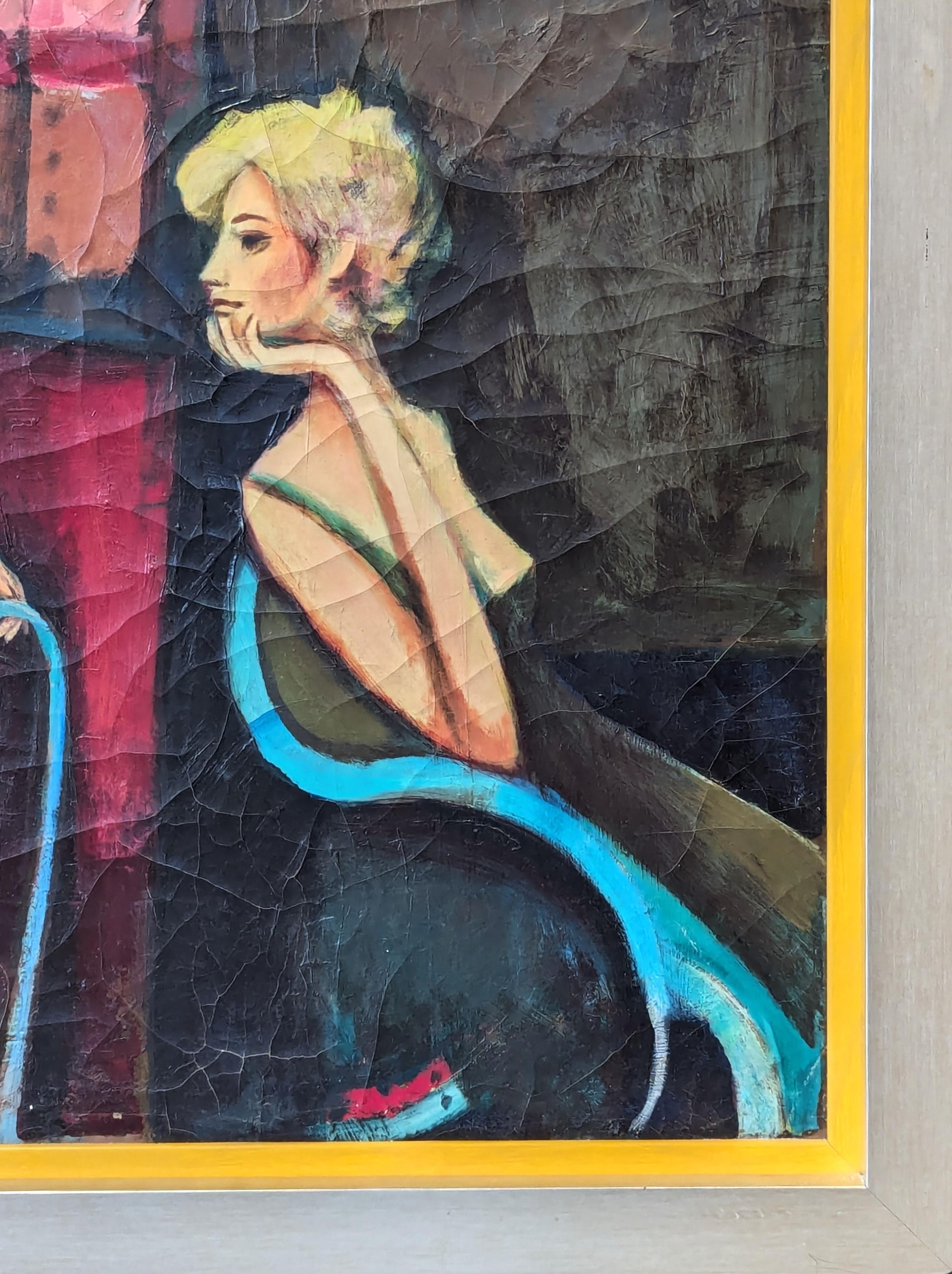 Retrato figurativo moderno del emblemático artista David Adickes, afincado en Houston. La obra presenta tres de sus características figuras de inspiración cubista, dos hombres y una mujer sentada, que posan con una guitarra. Firmado en la esquina
