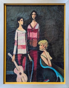 "Dos chicos con rubia y guitarra" Retrato figurativo cubista abstracto moderno