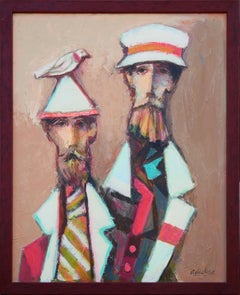 "Two Brothers" Modern Abstract Figurative Portrait Painting with a Bird