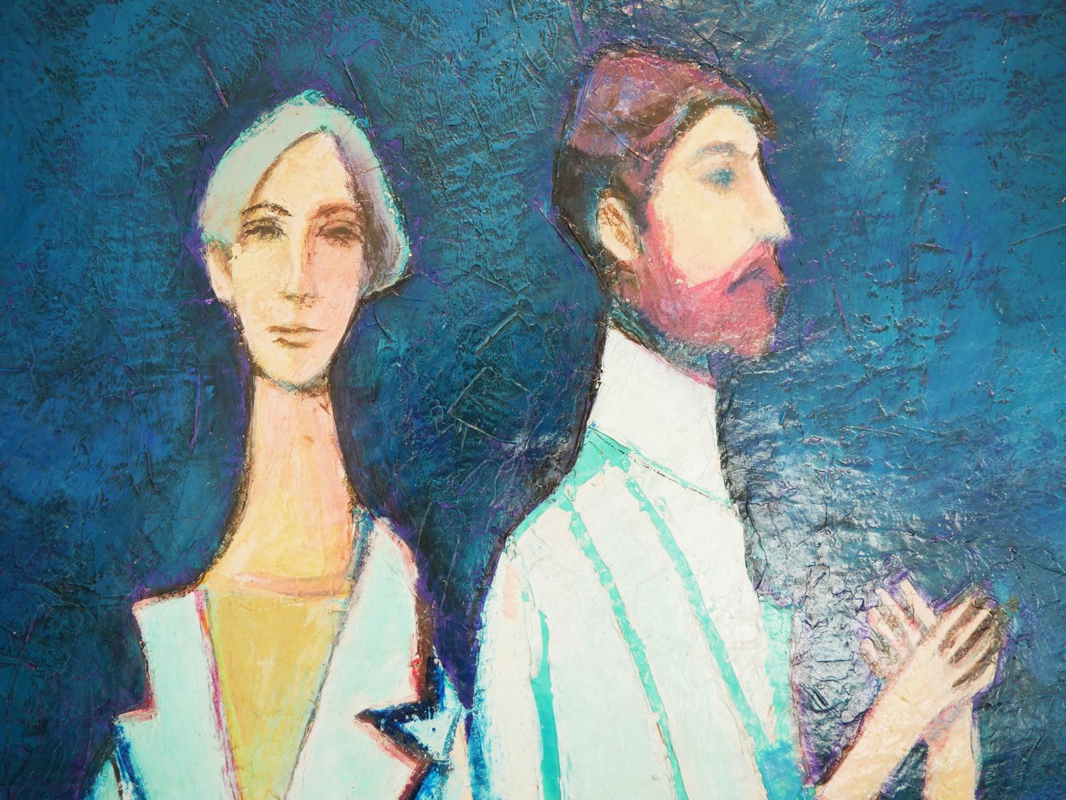 « Two Friends Against Blue » - Peinture de portrait figurative abstraite monotone  en vente 4