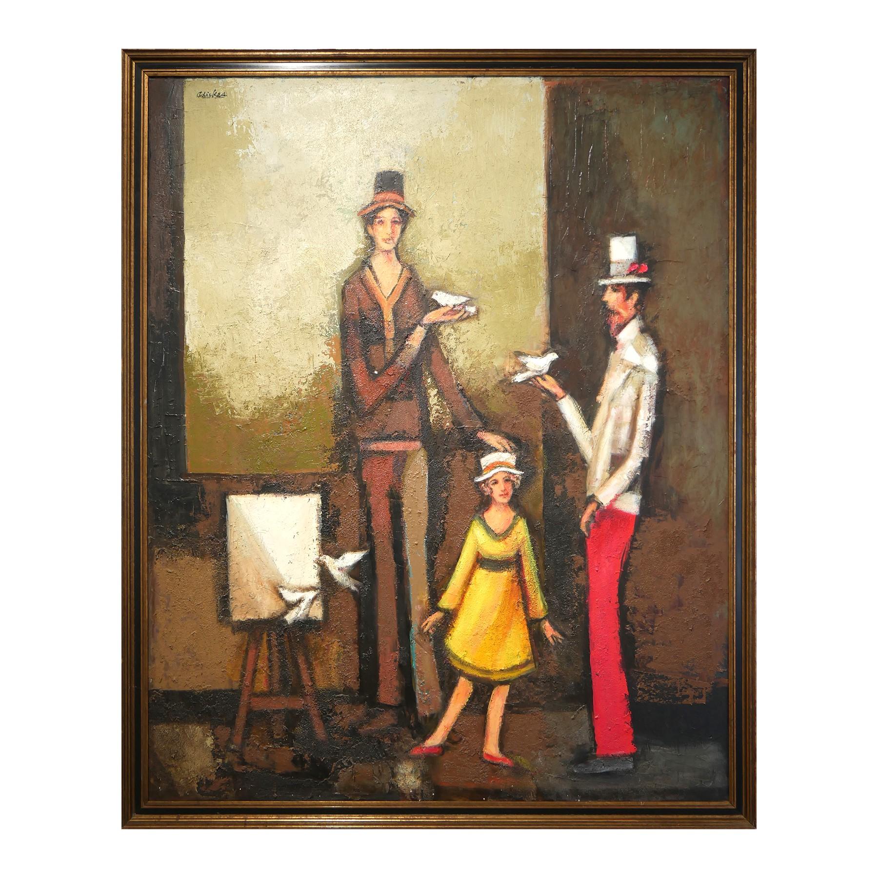 Modern abstract figurative portrait painting by Houston, TX artist David Adickes. The work features a two men in suits with a young girl wearing yellow posing with birds and a blank canvas set against a neutral toned background. Signed by the artist