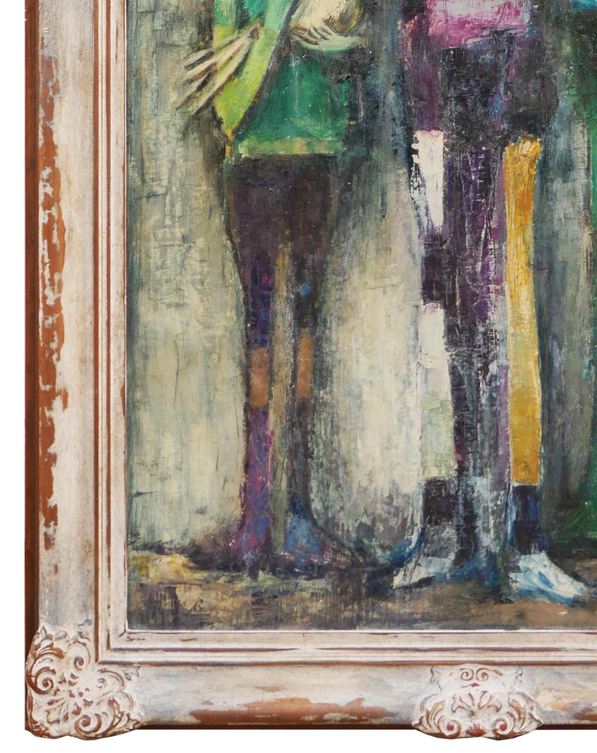 Blue, green, and brown-toned modern abstract figurative portrait painting by Houston, TX artist David Adickes. The work features two men figures standing beside a boy. Signed and dated by the artist on the front right side. Framed in a carved wooden