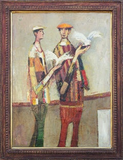 david adickes art for sale "Two Men, Two Birds" Modern Warm-Toned Abstract Figurative Portrait Painting