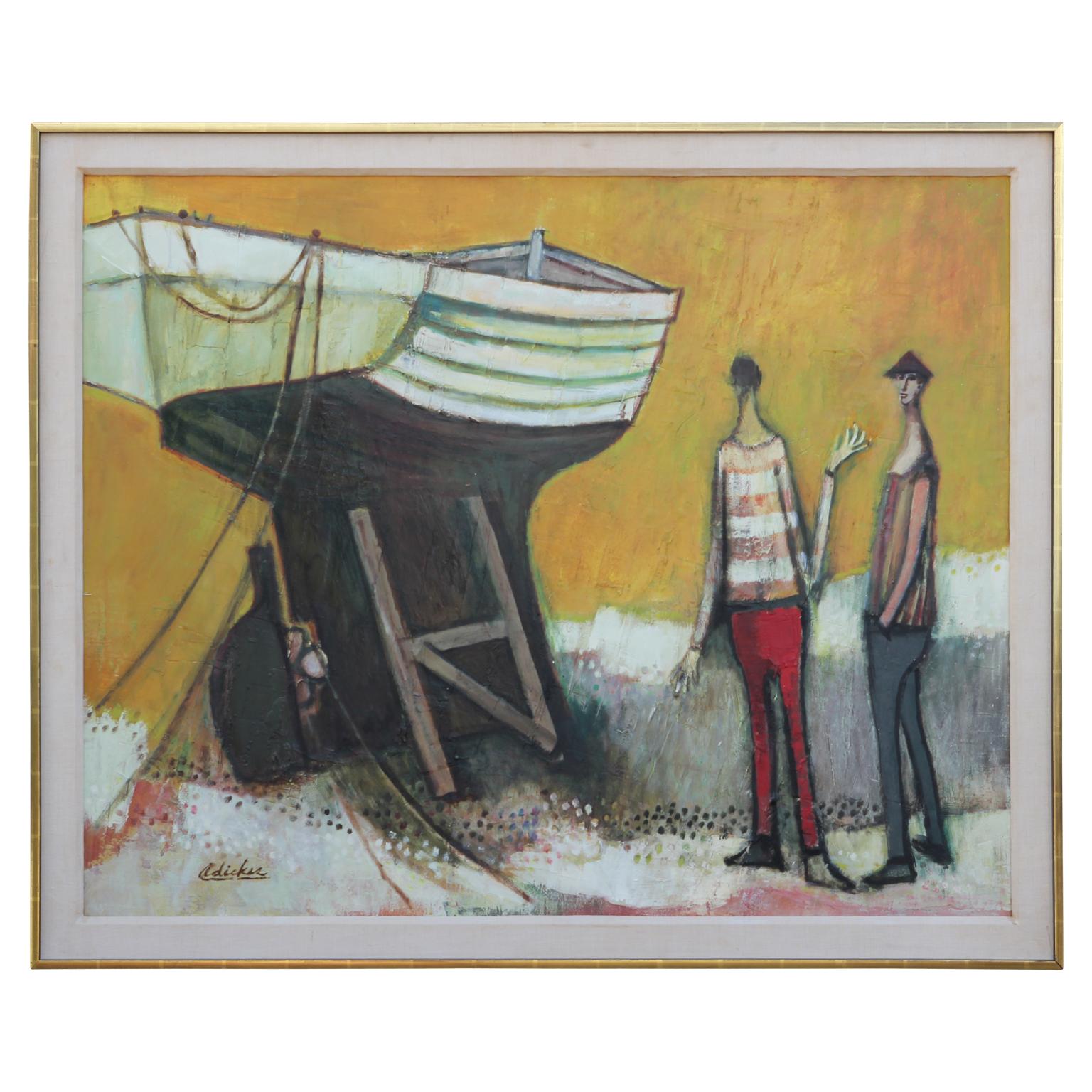 Early post-impressionist painting by Houston, Texas artist David Adickes. The figures are painted in David Adickes's famous style while he used this layers of paint to create a textured surface. The piece is signed by the artist in the lower-left