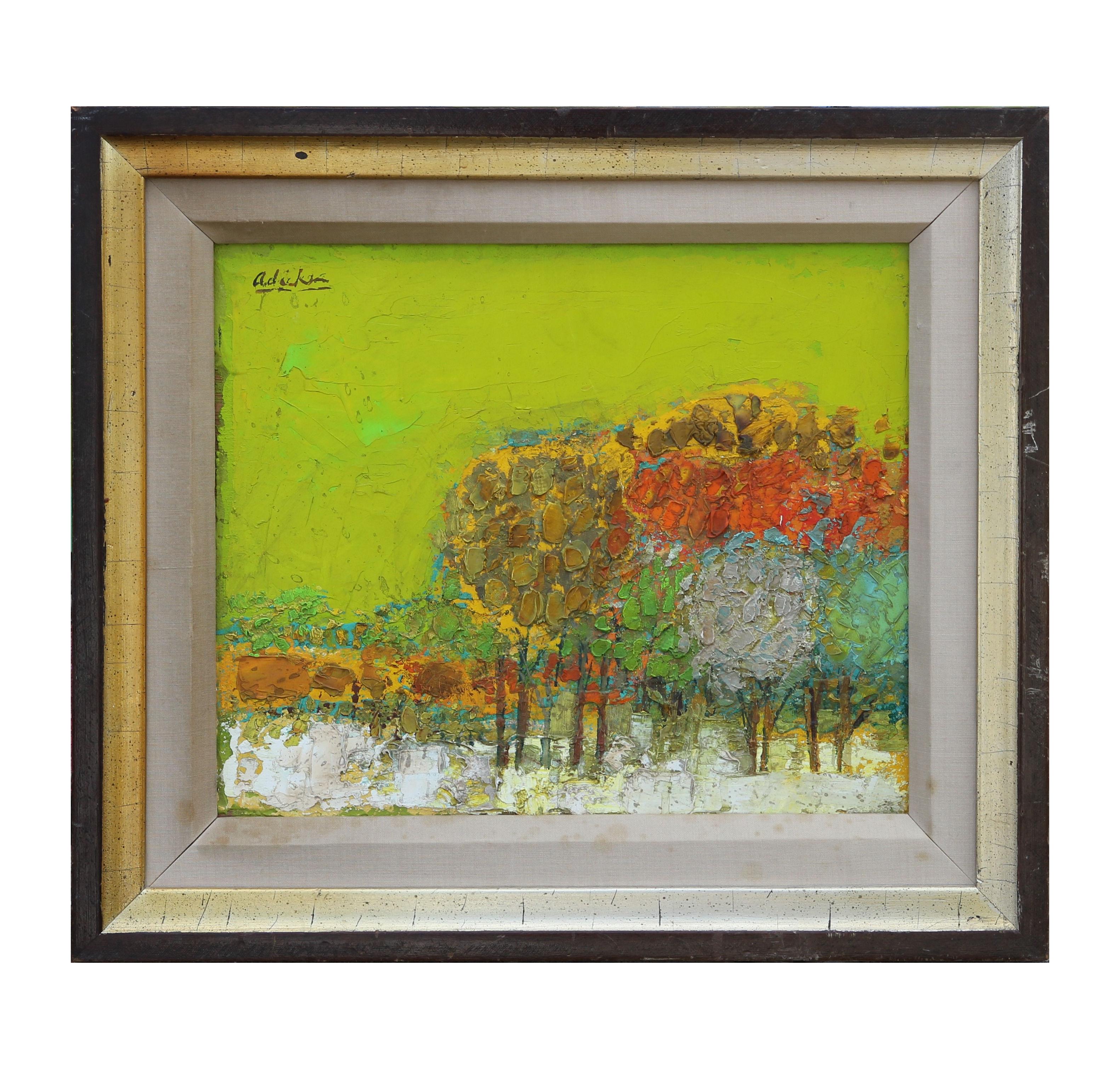 Post-impressionist abstract painting of a field of trees. The work is done using bright pastel colors and the paint is layered giving the surface a textured look. The artist signed the work in the top corner of the painting. The board is framed in a