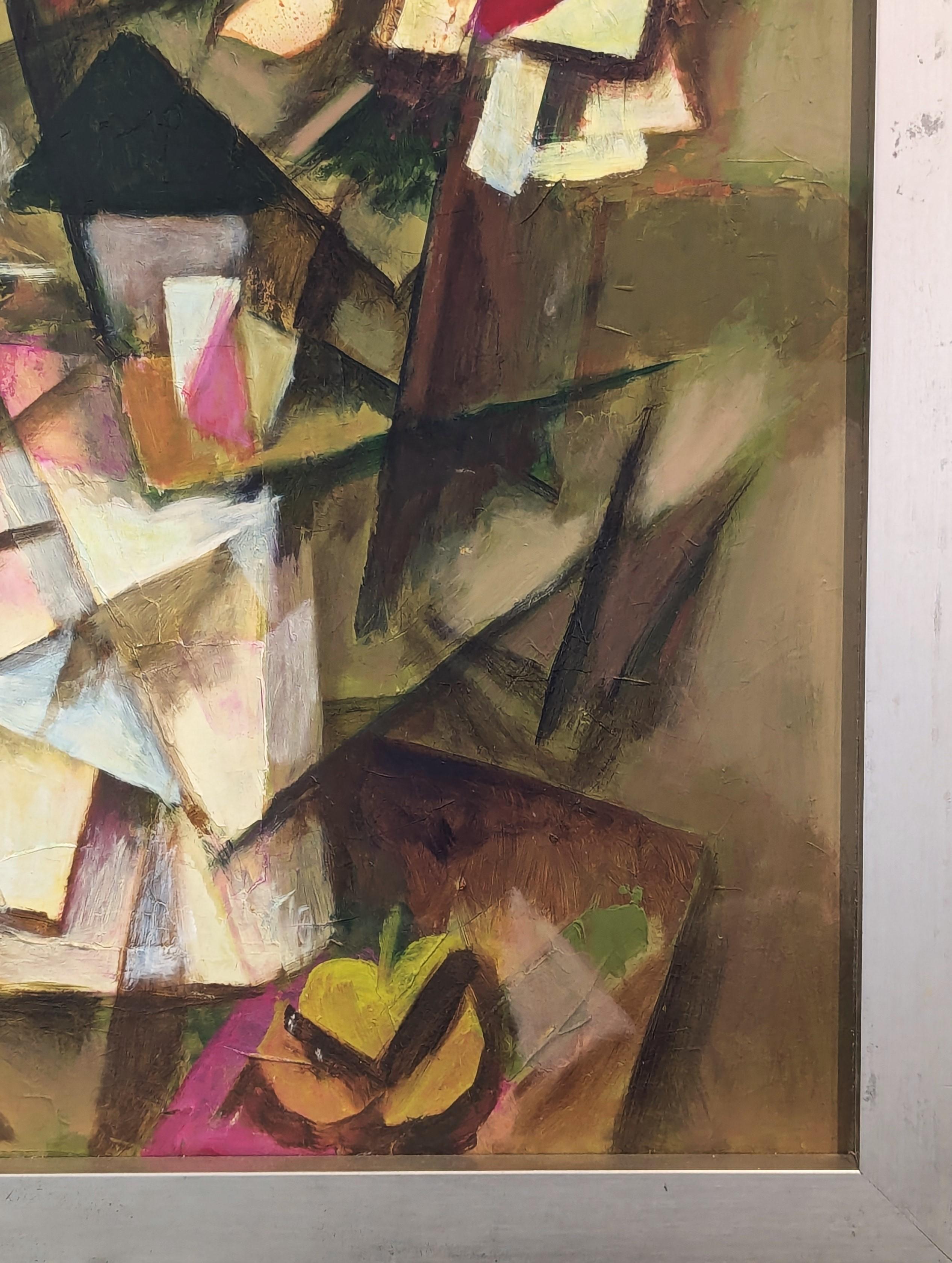 Bodegón moderno de inspiración cubista pintado por el emblemático artista David Adickes, afincado en Houston. La obra presenta un bodegón floral abstracto en tonos blancos y granates sobre una mesita, acentuado con un pequeño pájaro. Conserva la