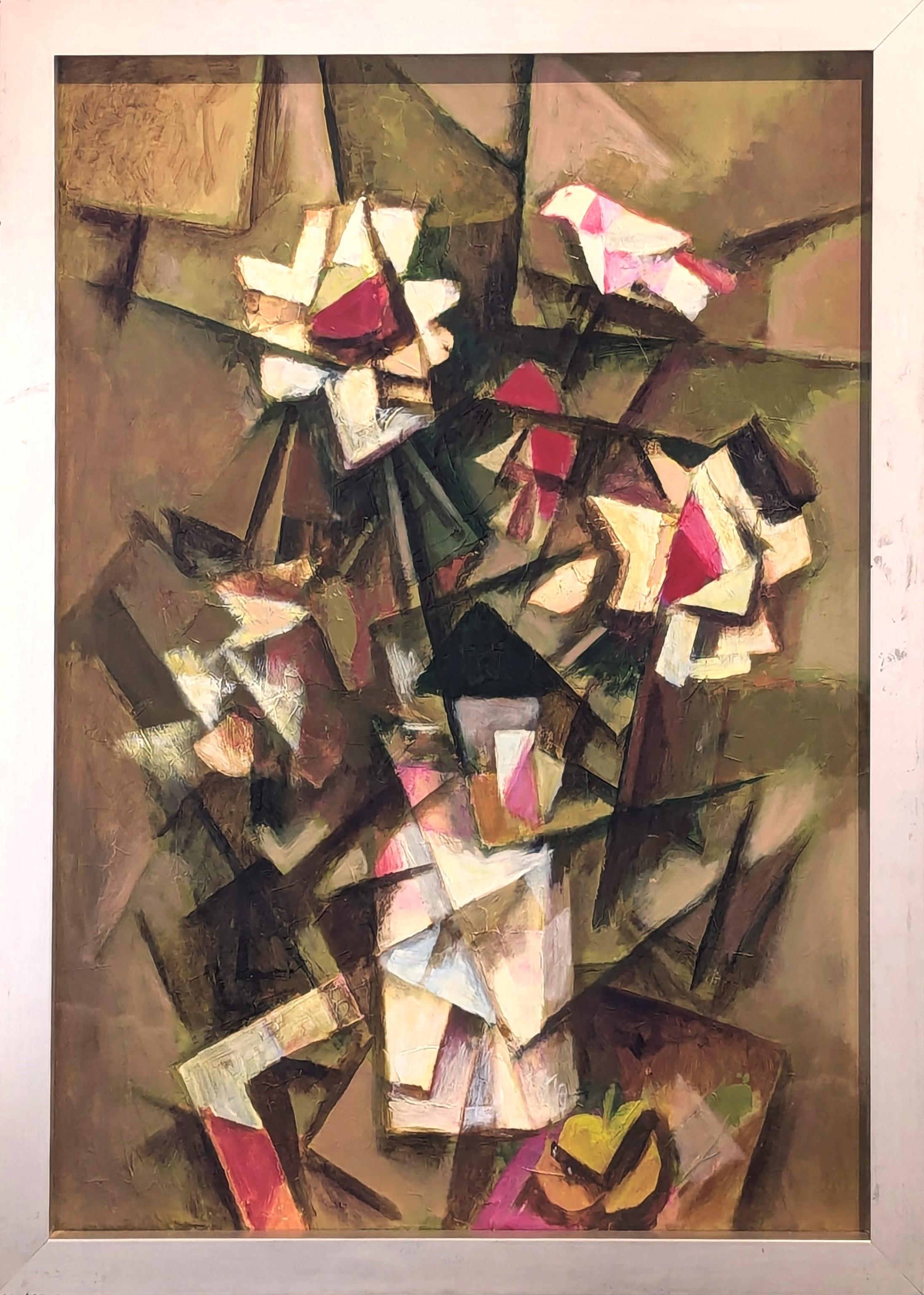 "Bouquet molto cubista con uccello" Pittura moderna astratta di natura morta floreale