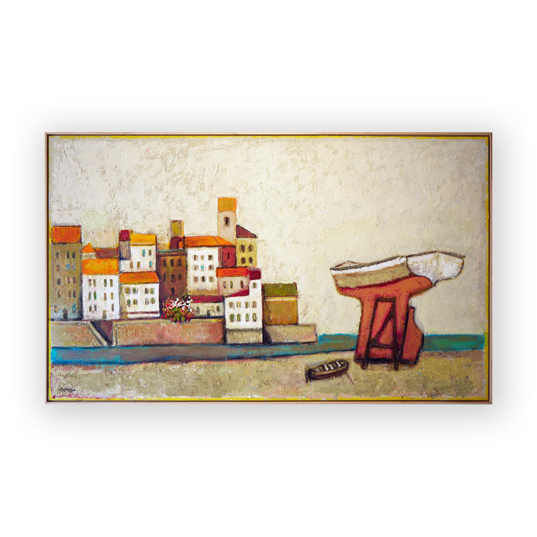 Villaggio astratto moderno dai toni caldi in riva all'oceano con paesaggio di barche - Painting Moderno di David Adickes