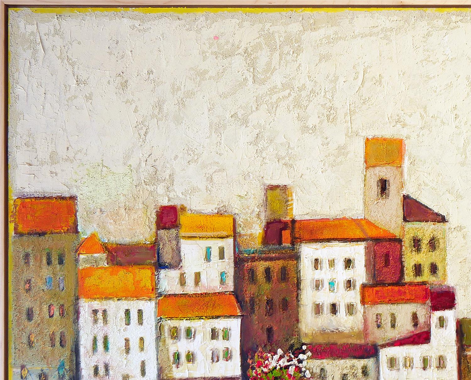 Villaggio astratto moderno dai toni caldi in riva all'oceano con paesaggio di barche - Landscape Painting Beige di David Adickes